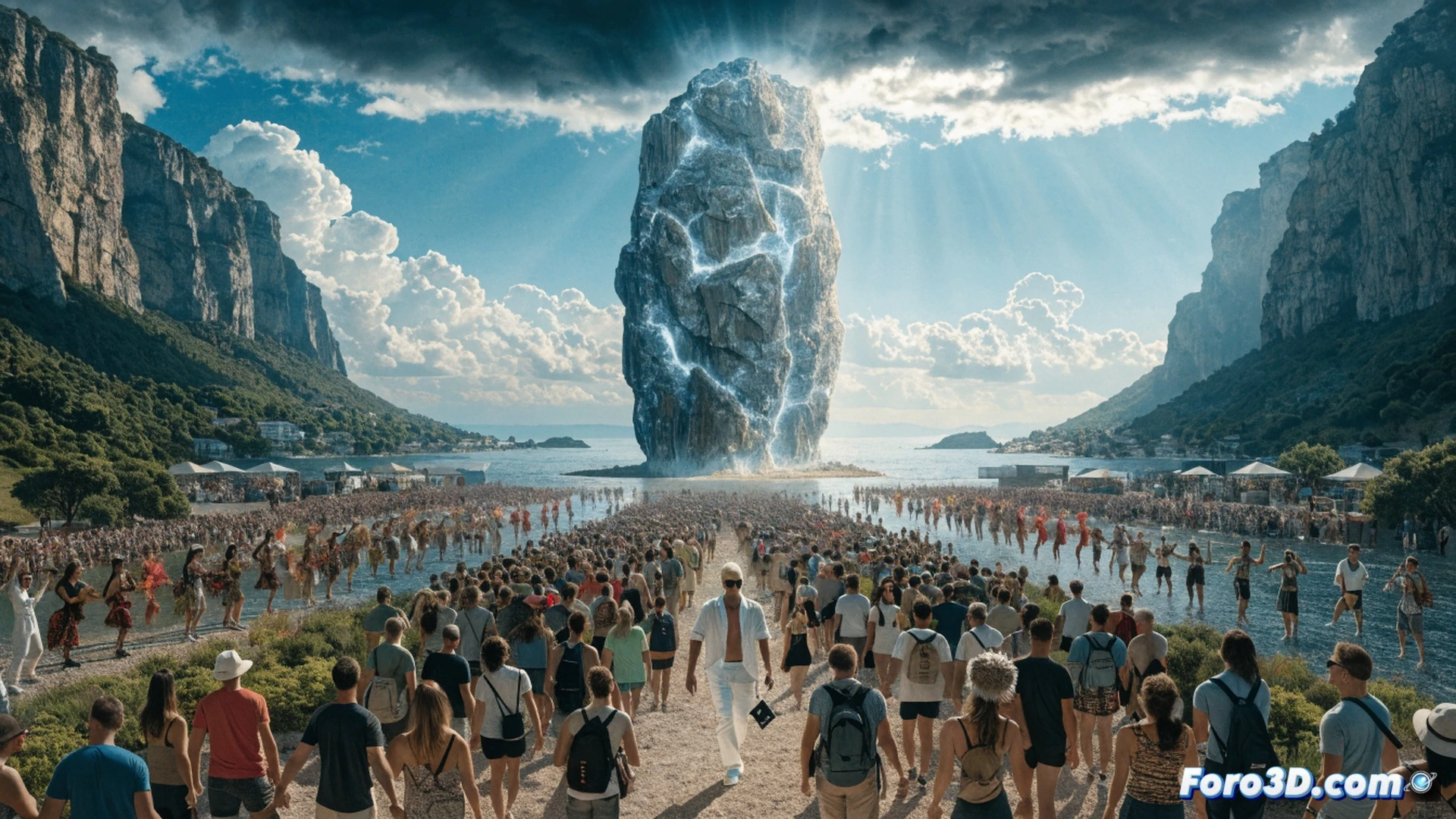 Aerial view of thousands of festival attendees walking along a coastal road toward a massive black monolith structure at sunset, DJ equipment setup on a central stage with mixing console and turntables visible, crowd carrying glow sticks and mobile phones while moving in a unified procession, distant Mediterranean sea and Mallorcan hills in background, drone photography style, cinematic wide-angle shot, golden hour lighting with dramatic clouds, photorealistic architectural visualization, ultra-detailed human figures with motion blur, warm amber and deep blue color palette, high-resolution technical render