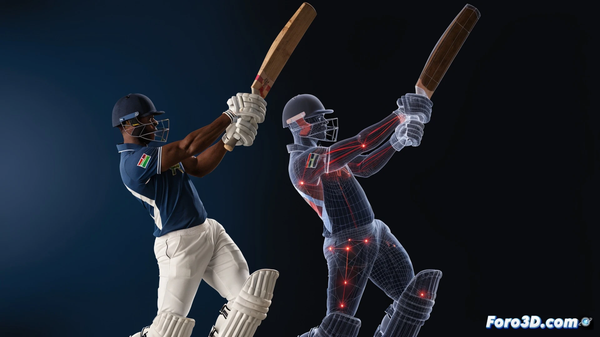 David Miller mid-swing in a biomechanics lab, 3D motion capture markers on his body, bat impact zone highlighted with force vectors, high-speed camera rigs capturing his hip rotation and wrist roll, real-time data overlays projected on a holographic screen showing torque and timing graphs, photorealistic technical illustration, dramatic stadium lighting, muscle tension visible under his shirt, sweat droplets frozen in action, ultra-detailed cricket gear texture, cinematic engineering visualization