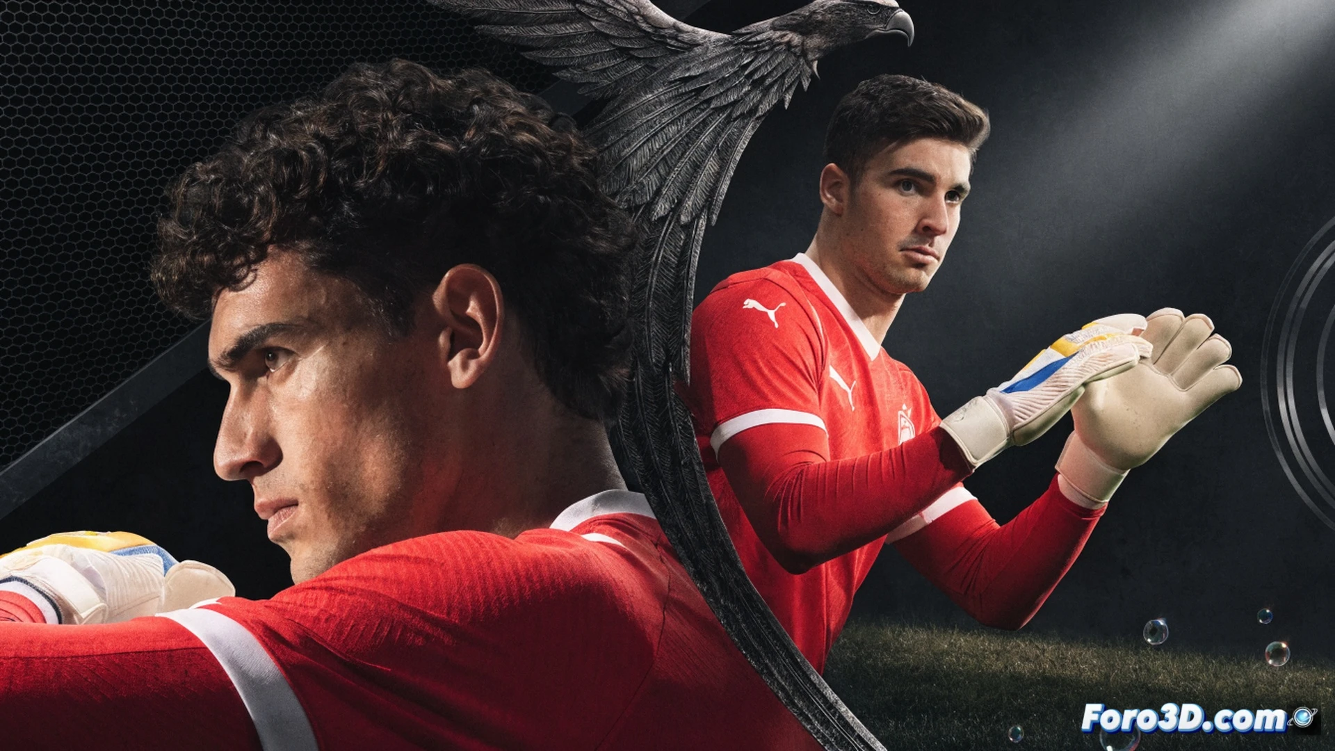 David Raya diving to his right mid-air, fingertips stretching to deflect a fast ball, while Unai Simón watches from behind a training partition, both goalkeepers wearing Spain training kit, football pitch with World Cup 2026 branding on distant stands, sunny stadium lighting, sweat droplets frozen in motion, synthetic grass blades disturbed by landing impact, technical sports photography style, high shutter speed effect, photorealistic athletic render, dynamic diagonal composition
