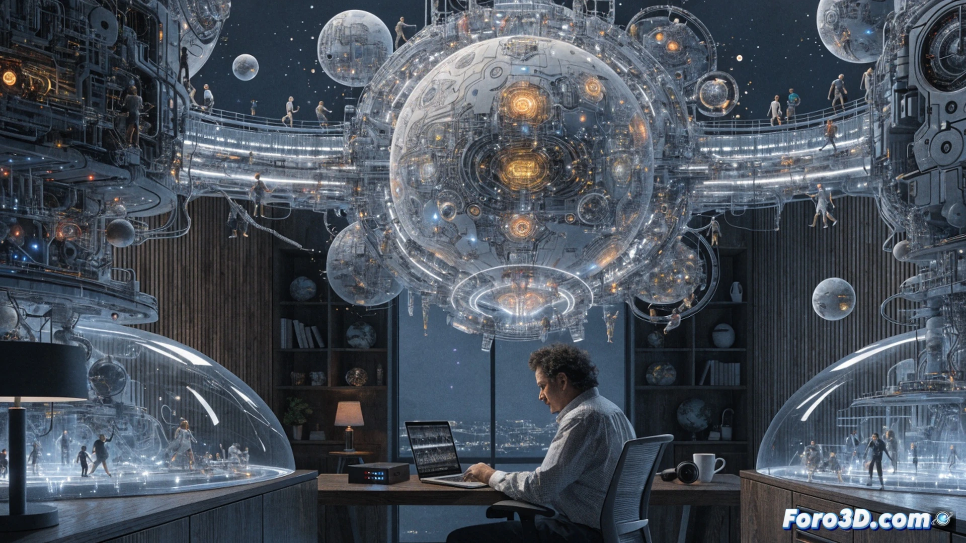 Solo creator seated at a home desk while a holographic sci-fi cityscape projects from a laptop, AI interface panels floating around him showing character designs and audio waveforms, one hand gesturing toward a 3D spaceship model rotating in mid-air, cinematic technical illustration, warm desk lamp contrasting with cool blue holographic light, messy creative workspace with headphones and tablet, photorealistic engineering visualization, digital particles flowing from screen to hologram, demonstrating individual world-building process
