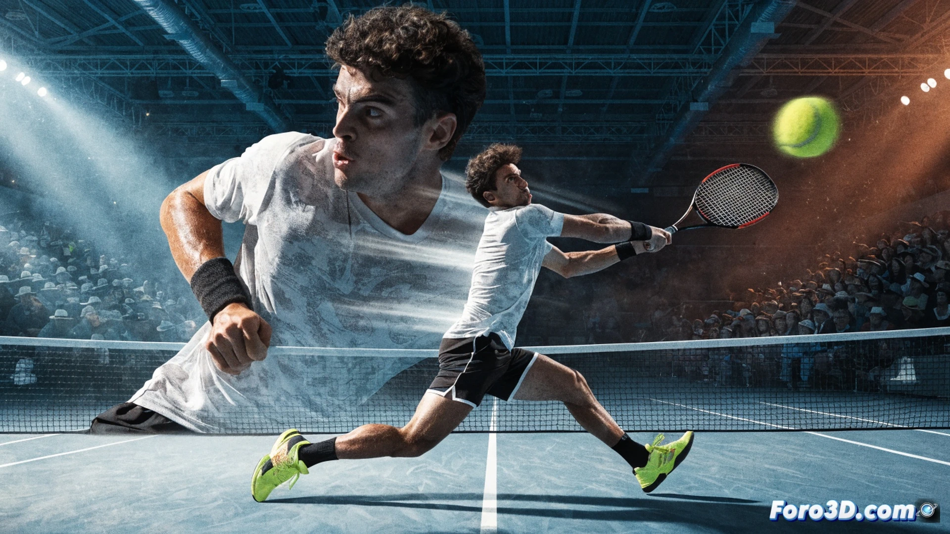 Alejandro Davidovich Fokina ejecutando un drive de revés a máxima velocidad, pelota deformándose contra la raqueta con efecto liftado, polvo de arcilla elevándose en remolinos bajo sus pies, red en primer plano con vibración de cuerdas, público desenfocado al fondo con brazos levantados, luz de estadio creando sombras nítidas en la pista, movimiento congelado mostrando la transferencia de peso del tenista, estilo cinematográfico hiperrealista, colores vibrantes y contraste dramático, detalle técnico en la tensión de las cuerdas y la rotación de la pelota