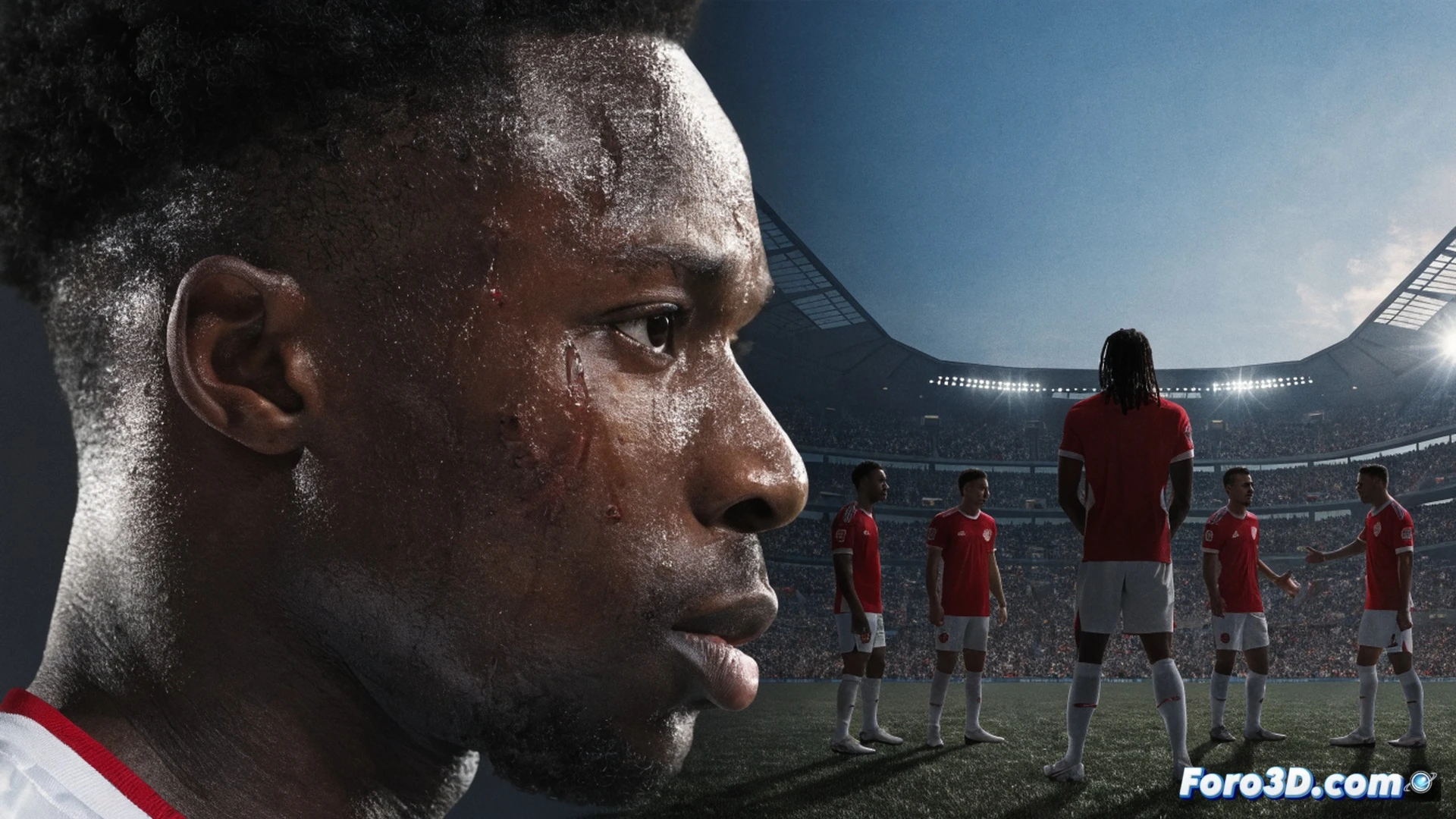 Canadá soccer player Alphonso Davies sitting on bench gripping his upper thigh with pained expression, medical staff examining his leg with ultrasound scanner and cold spray, stadium lights casting long shadows on pitch, teammates warming up in background without him, tactical clipboard on bench showing formation missing star player, cinematic photorealistic sports drama, sweat drops on skin, tense atmosphere, high-contrast lighting, ultra-detailed fabric textures, motion blur from distant training drills