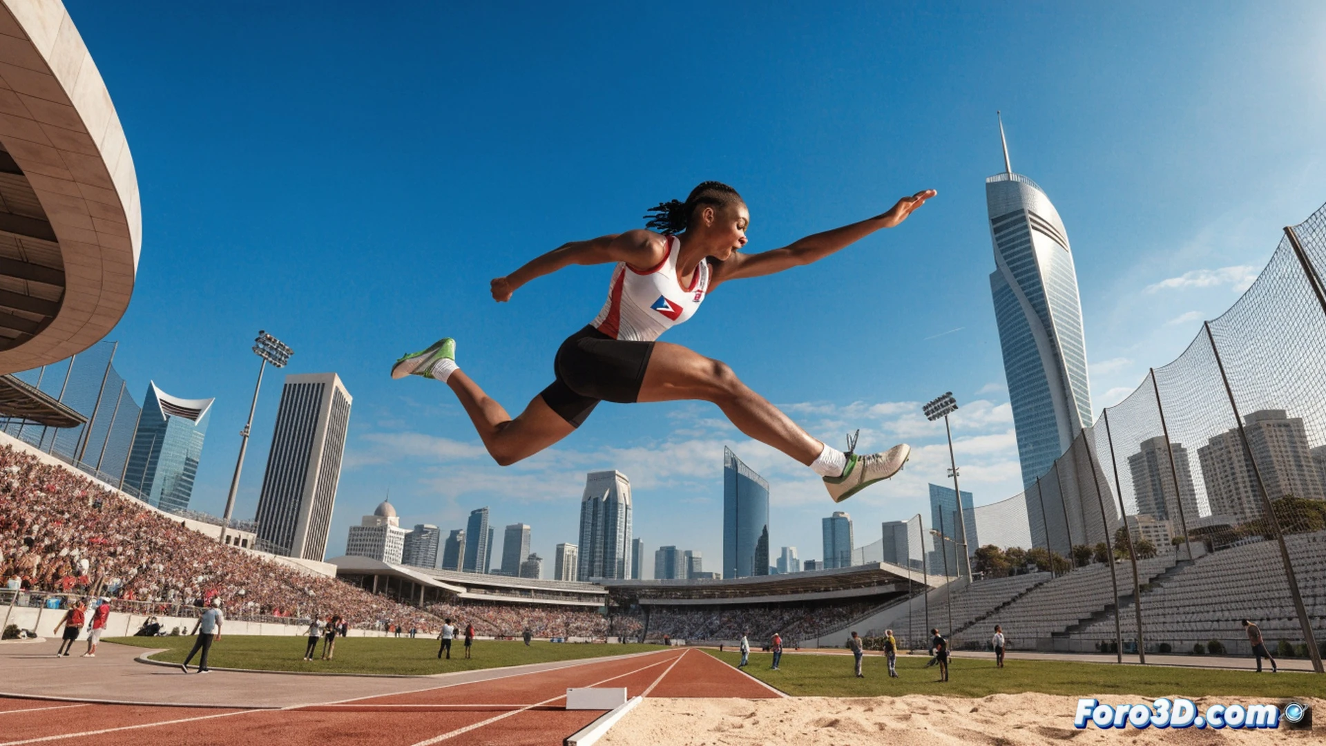 triple jumper mid-flight in a sand-filled pit, athlete executing a powerful jump with one leg extended forward and arms raised for balance, sand particles suspended in motion around the landing zone, stadium floodlights casting sharp shadows on the track, photorealistic sports action render, high-speed freeze-frame capturing muscle tension and fabric wrinkles, blurred crowd in the background, dramatic golden hour lighting from the side, ultra-detailed athletic physique and dynamic posture, cinematic composition with shallow depth of field