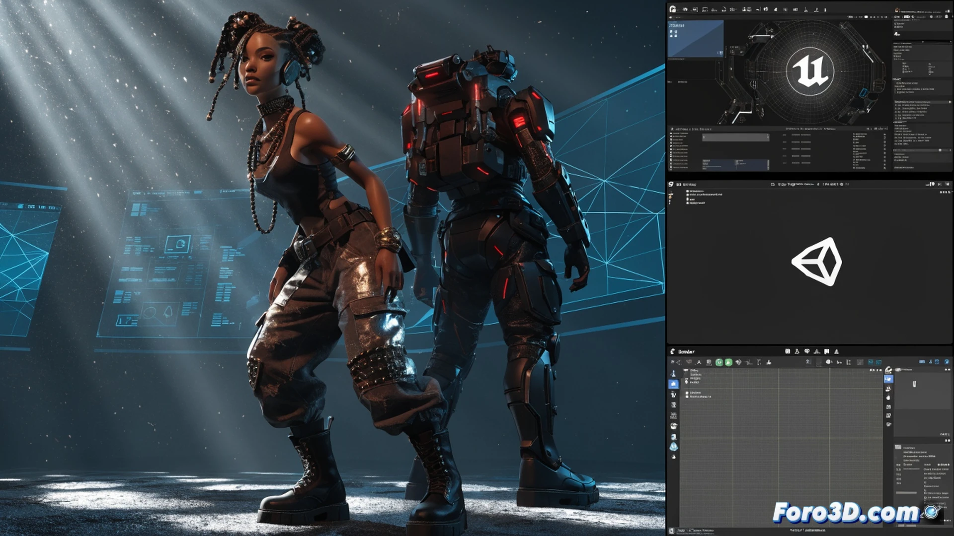 A 3D artist workstation with three monitors displaying Daz 3D character models simultaneously inside Unreal Engine, Unity, and Blender interfaces, a stylized humanoid figure being dragged from Daz software into each engine pipeline, glowing transfer nodes showing automatic rigging and animation data flowing, no visible export menus or complex settings, realistic studio lighting with soft blue and orange accents, cinematic technical illustration style, clean desk with stylus pen and tablet, photorealistic render, dramatic shadows emphasizing seamless workflow speed