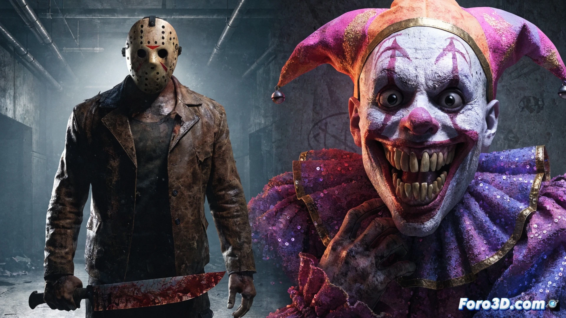 Jason Voorhees wielding a machete and Art the Clown holding a bloodied horn emerge from a foggy forest, stalking a survivor near a glowing generator with modding tool icons floating overhead, split-screen showing a one-versus-one duel mode interface, Behaviour Interactive logo subtly embedded in a cracked concrete pillar, 2027 graphical upgrade visualized through reflective puddles and enhanced particle effects, cinematic photorealistic horror render, dramatic moonlight casting long shadows, ultra-detailed textures on worn denim and rusty metal, motion blur on swinging weapon, technical illustration style with faint grid lines and engine diagnostics overlay, dark blue and orange color contrast, unreal engine 5 lighting simulation.