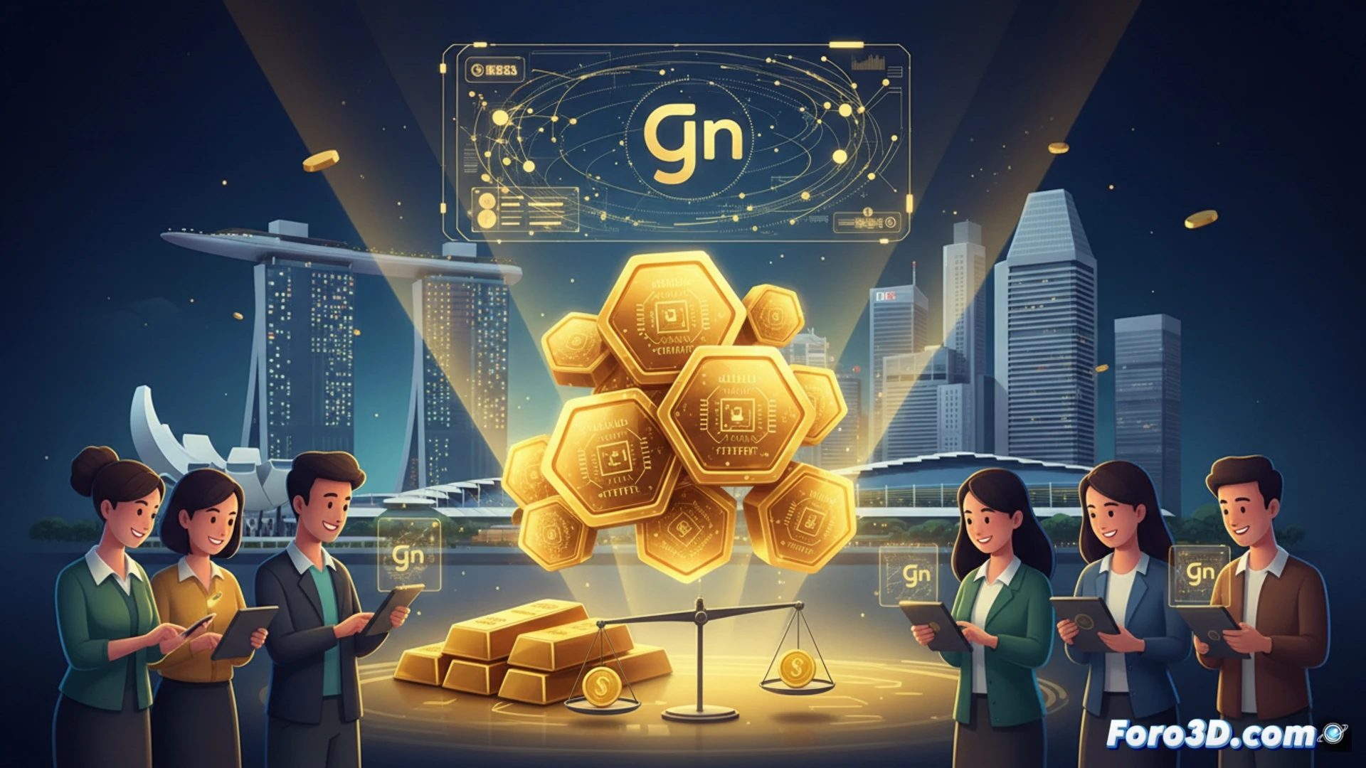 golden token being placed into a smartphone held by a hand, background showing a transparent vault with stacked gold bars, digital blockchain lines connecting the token to the vault, small graphs and wallet interface floating above the phone, cinematic technical illustration, photorealistic metal texture on token, soft studio lighting, shallow depth of field, glowing digital particles transferring from phone to vault, precision engineering aesthetic, dark blue and gold color palette, ultra-detailed reflection on gold surface, 8k render quality