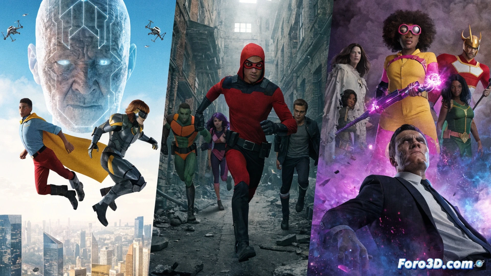 tres portadas de cómics apiladas en un escritorio de diseño digital, una tableta gráfica mostrando un boceto de Legion of Super-Heroes en un callejón futurista oscuro, un monitor de computadora con modelo 3D de Red Hood liderando adolescentes en una persecución nocturna, mientras una pantalla secundaria renderiza a Doom Patrol en medio de una explosión de energía caótica, teclado mecánico con teclas retroiluminadas, lápices y reglas sobre planos técnicos, estilo cinematográfico fotorrealista, iluminación dramática de estudio, detalles hiperrealistas de hardware y software de ilustración.