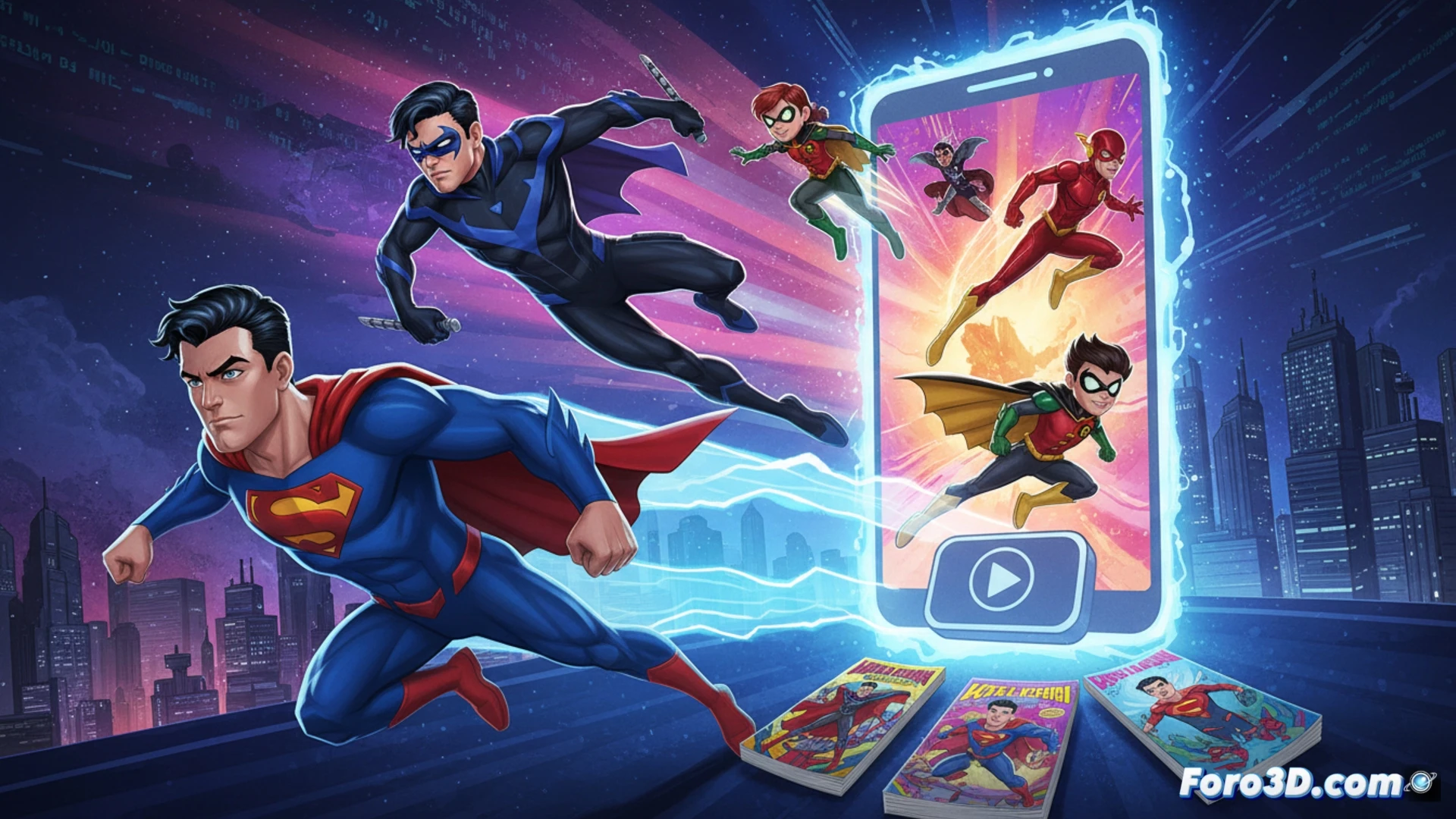 mobile comic panel transition animation, digital tablet displaying DC GO interface with character Jon Kent leaping across a glowing portal, Nothing Butt Nightwing performing acrobatic flip in background, smartphone held by hand showing comic book pages, stylus pen drawing a splash page on graphic tablet, user swiping through horizontal scrolling panels, digital ink brush strokes visible on screen, cinematic technical visualization, clean futuristic interface with neon blue and red highlights, holographic floating panels overlapping, motion blur on fast action sequence, dramatic top-down lighting on tablet surface, photorealistic technological render, detailed screen reflections and glass glare, ultra-sharp comic art style merging with realistic hardware