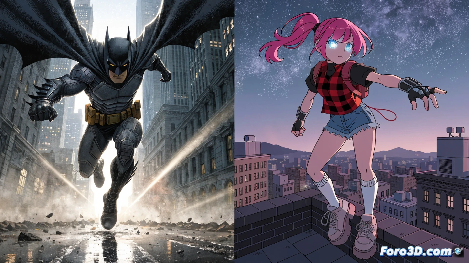 young superheroine in manga-inspired style leaping forward while holding a compact comic book, small DC comics stack on a wooden table beside a glowing tablet showing digital purchase interface, bright spring sunlight streaming through a window, action pose with dynamic cape movement, colorful child-friendly art style, soft shadows and vibrant pastel palette, cinematic composition with shallow depth of field, clean lines and flat shading reminiscent of modern animation, no text or logos visible, photorealistic toy diorama aesthetic