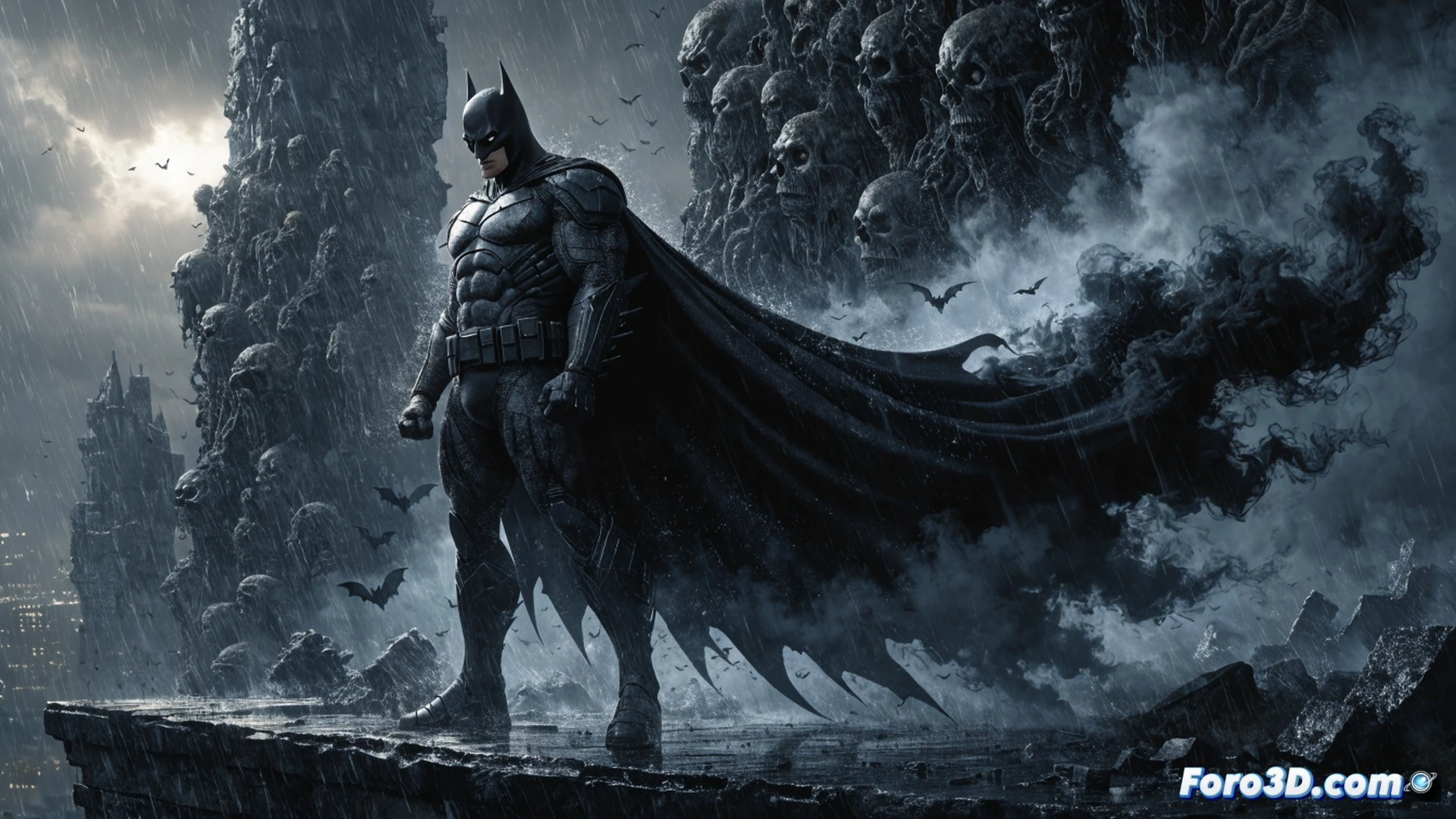 A powerful comic book store scene at sunset, a muscular Batman figure in dark tactical armor leaping from a stack of Absolute Batman comics, the comics glowing with neon blue energy lines, a digital sales graph on a holographic display showing DC surpassing Marvel by 8 points, a cash register with rising receipt paper, shelves packed with graphic novels, dramatic spotlight from above, cinematic comic book style, dynamic action pose, cape flowing mid-air, realistic paper textures, metallic reflections on the suit, high-contrast lighting, photorealistic technical illustration