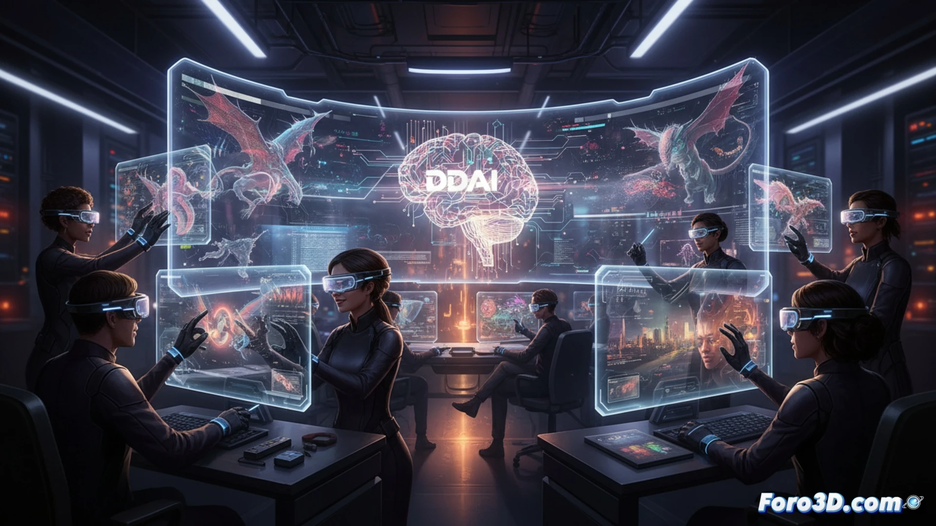 digital artist adjusting real-time VFX parameters on a holographic interface, complex particle simulation of a dragon breathing fire rendered instantly beside a film set, DDAI system showing wireframe overlays merging with live footage, cinematic technical visualization, glowing blue data streams flowing between software nodes, artist manipulating virtual sliders while watching preview update in real time, photorealistic render with dramatic studio lighting, ultra-detailed computer monitors and motion capture equipment visible in background
