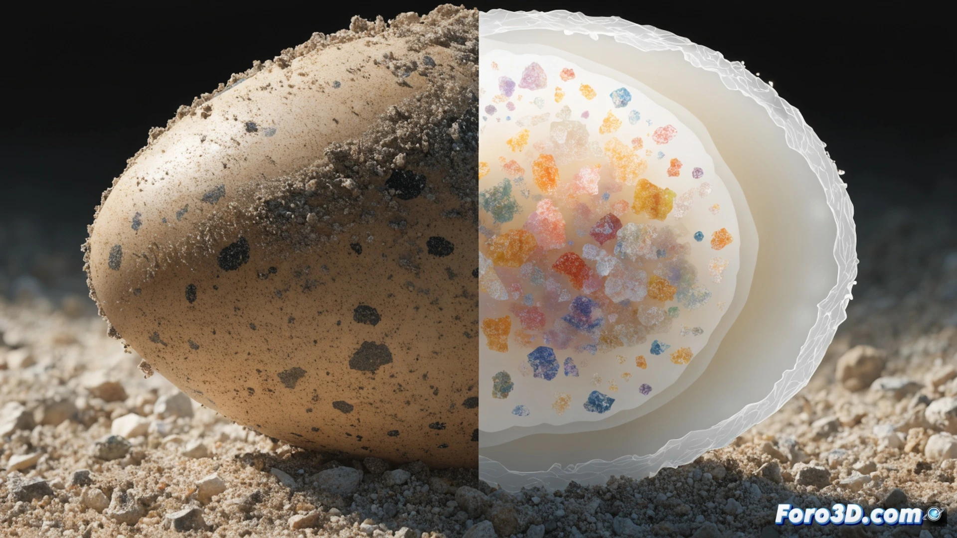 photorealistic wide-angle scene of a cracked open bird egg on dry Spanish farmland soil, inside the shell tiny glowing chemical symbols for DDT and lead floating above the yolk, a dead tree branch in background with a milano kite perched silently watching, soil particles contaminated with metallic dust near the egg, soft golden sunset lighting casting long shadows, hyper-detailed eggshell texture, dust motes suspended in air, cinematic environmental documentary style, subtle dark mood of silent contamination