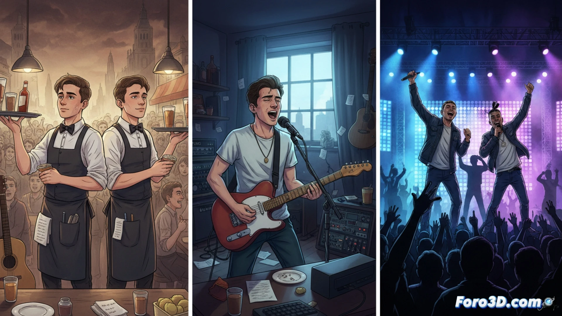 Cinematic scene of three young musicians backstage adjusting guitar pedals and sound equipment, stage lights casting dramatic shadows, one man in waiter apron holding a mixing console while another checks microphone cables, Bad Bunny tour poster visible on wall behind them, mixing desk with glowing faders, monitor speakers, guitar amplifiers, stage floor with cable runs, dramatic contrast between service uniform and stage gear, photorealistic technical illustration, warm backstage lighting, gritty concrete walls, equipment cases stacked in corner, showing transition from hospitality work to performance