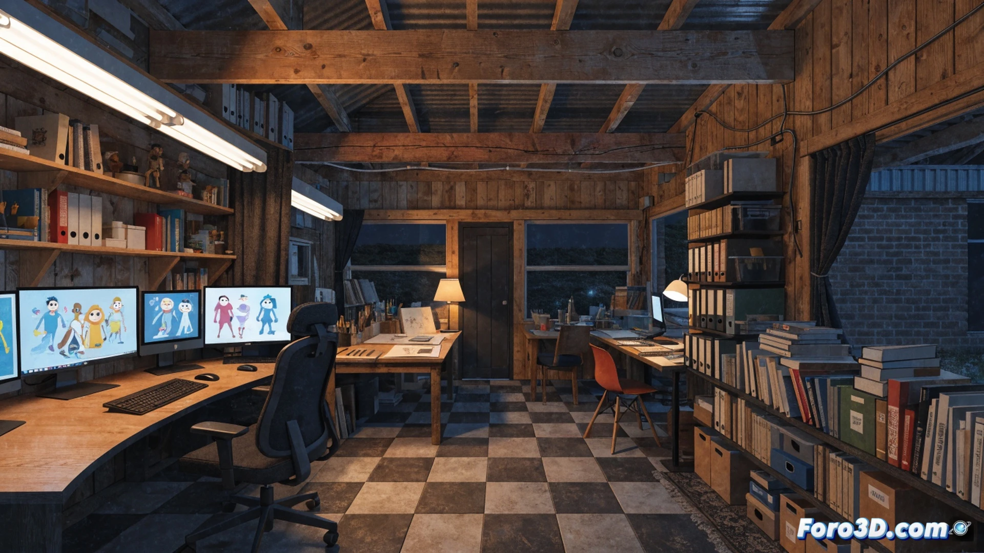 old wooden shed interior transformed into three-zone illustrator studio, left zone shows traditional drawing desk with pencils and paper sketches, central zone features clay sculpting tools and half-finished character maquette, right zone contains digital workstation with Wacom tablet and monitor displaying Pixar-style character model, insulation panels visible on walls, exposed wiring during installation process, warm low-cost lighting from desk lamps, night scene through window showing dark Missouri landscape, cinematic photorealistic visualization, tools scattered on workbench demonstrating hands-on creative process, dramatic shadow play across zones, ultra-detailed textures of wood and plastic, realistic evening atmosphere