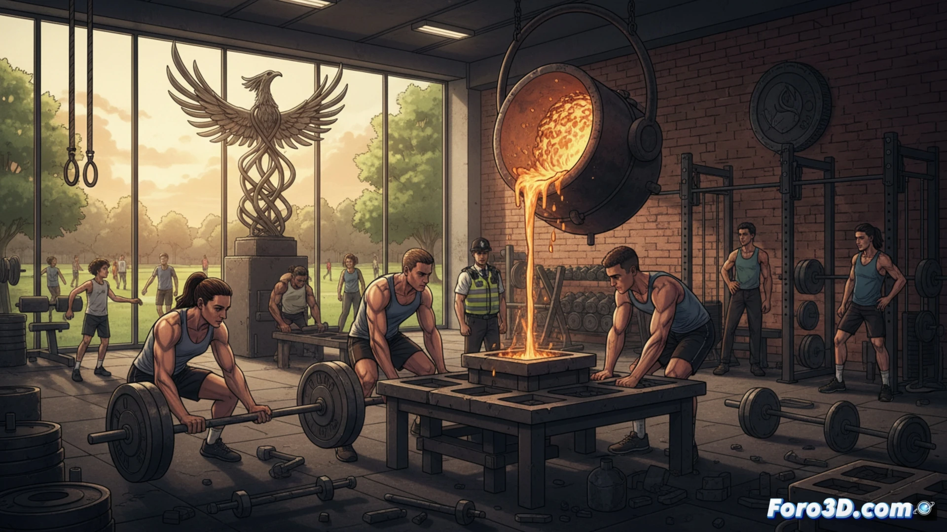 photorealistic technical illustration showing a London park scene at golden hour, a group of teenagers training outdoors on gym equipment made from melted-down seized knives, a young man performing pull-ups on a barbell-shaped bar while a coach demonstrates proper form, melted knife metal visible in the textured surface of a leg press machine, a police officer standing nearby observing the transformation, industrial forging marks on the equipment, concrete park setting with urban trees, dramatic sunlight casting long shadows, cinematic composition emphasizing the contrast between violence and health, ultra-detailed metal textures, community action atmosphere