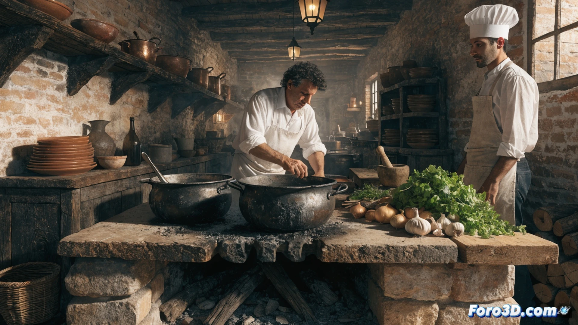 Chef hands arranging local vegetables on rustic slate plate, wooden table with clay pots and fresh herbs, traditional knife beside cutting board, stone wall background with hanging copper pots, natural light streaming through window, steam rising from earthenware casserole, photorealistic culinary photography, warm earthy tones, shallow depth of field focusing on hands and ingredients, cinematic lighting with soft shadows, texture detail on vegetables and wood grain, no text or labels