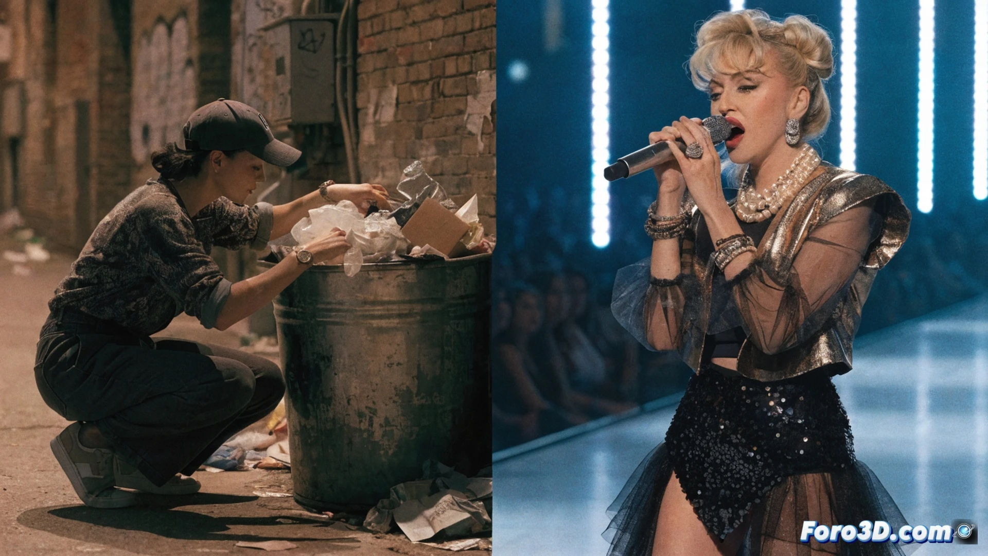 Madonna joven con chamarra de cuero y auriculares retro, rebuscando entre cajas de cartón destrozadas en un callejón nocturno, mientras una guitarra eléctrica rota yace en el suelo, sus manos sostienen un vinilo brillante que emerge de la basura, el disco refleja luces de neón de un club lejano, acción de descubrimiento y transformación, transición de pobreza a poder musical, estilo cinematic photorealistic, iluminación dramática con destellos rojos y azules, sombras profundas, textura granulada de película, contraste entre basura oxidada y brillo metálico del vinilo, composición vertical, atmósfera de resistencia urbana, movimiento congelado durante el acto de levantar el disco.