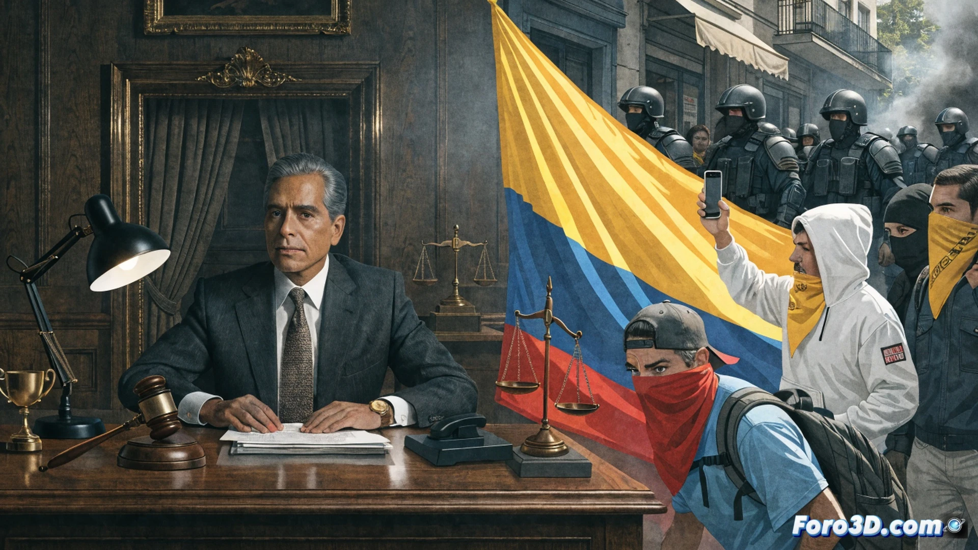 Abelardo de la Esprilla en primer plano durante su discurso de victoria, sosteniendo un micrófono y levantando la mano en señal de calma, detrás de él una mesa de centro de mando con monitores mostrando gráficos electorales y mapas de Colombia, al fondo Iván Cepeda aparece difuminado entre una multitud, luz de foco cenital iluminando el rostro firme del presidente electo, estilo cinematográfico fotorealista, tonos azules y dorados, ambiente de control político tenso pero legal, textura de traje formal y banderas colombianas ondeando suavemente