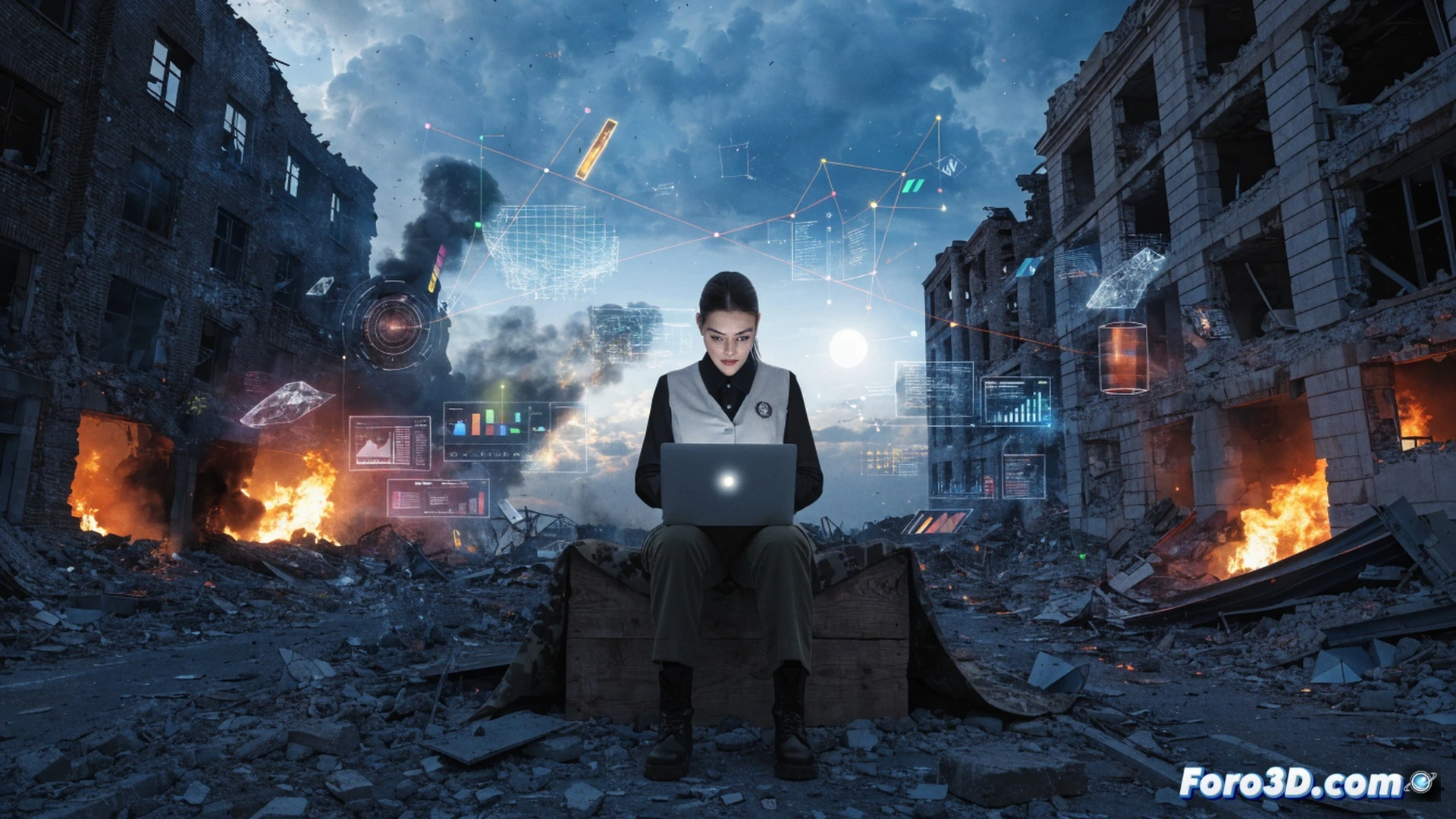Entrepreneur working on laptop in dimly lit basement shelter, dual monitors displaying code editor and cybersecurity dashboard, server rack with blinking LED lights in background, stacks of backup hard drives on desk, coffee cup and stress ball nearby, while air raid siren icon glows on phone screen, cables neatly organized along concrete wall, dramatic side lighting from emergency lamp, dust particles visible in beam, intense focused expression, cinematic photorealistic technical illustration, resilience demonstrated through organized workspace during crisis