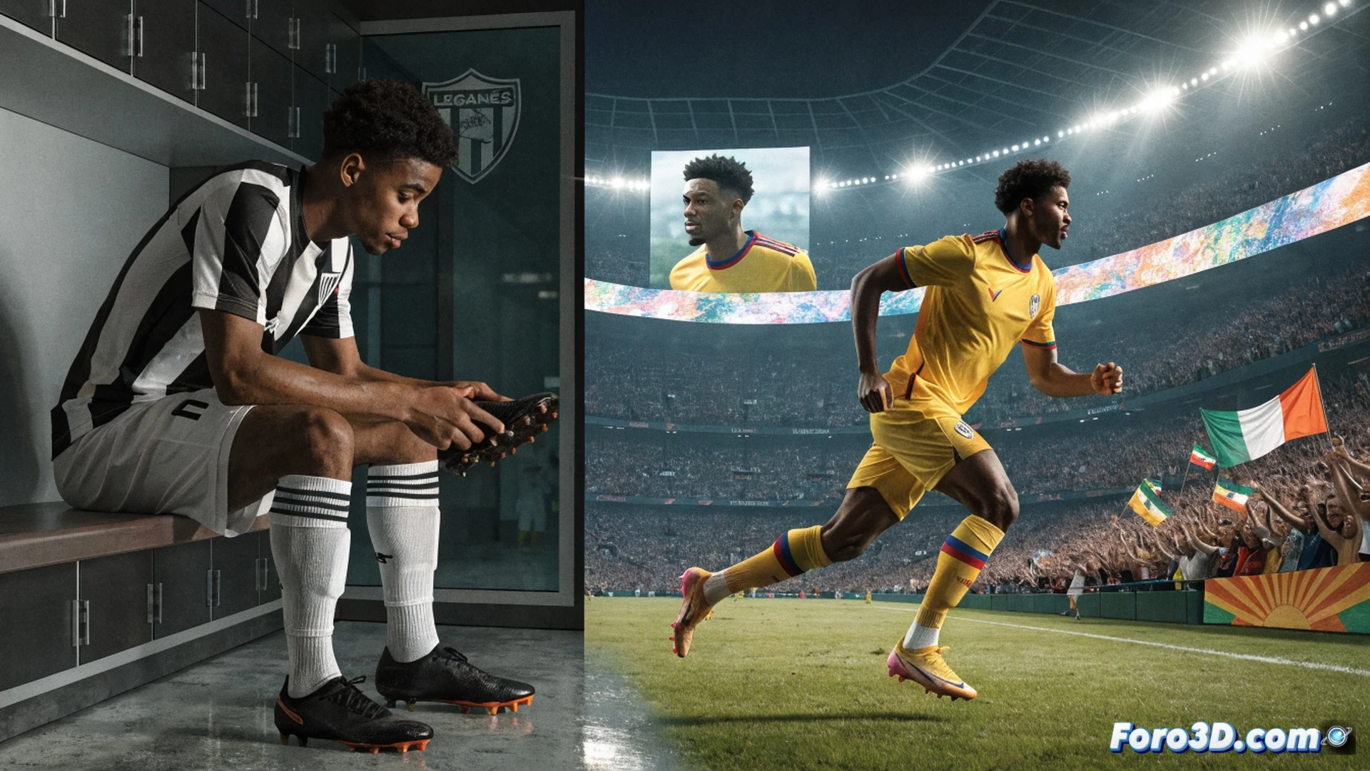 young African footballer in motion during a high-stakes match, dynamic dribbling pose with ball at feet, stadium floodlights casting dramatic shadows, background showing scout silhouettes and tactical holographic displays, golden price tag visual effect floating above player, technical illustration style, photorealistic rendering, cinematic lighting with deep contrast, detailed jersey fabric texture, grass particles kicked up during sprint, motion blur on legs, glowing transfer value indicator like a stock market ticker, ultra-detailed facial expression of intense focus, stadium architecture with club crests of PSG and Barcelona faintly visible in stands, high-end sports marketing visualization