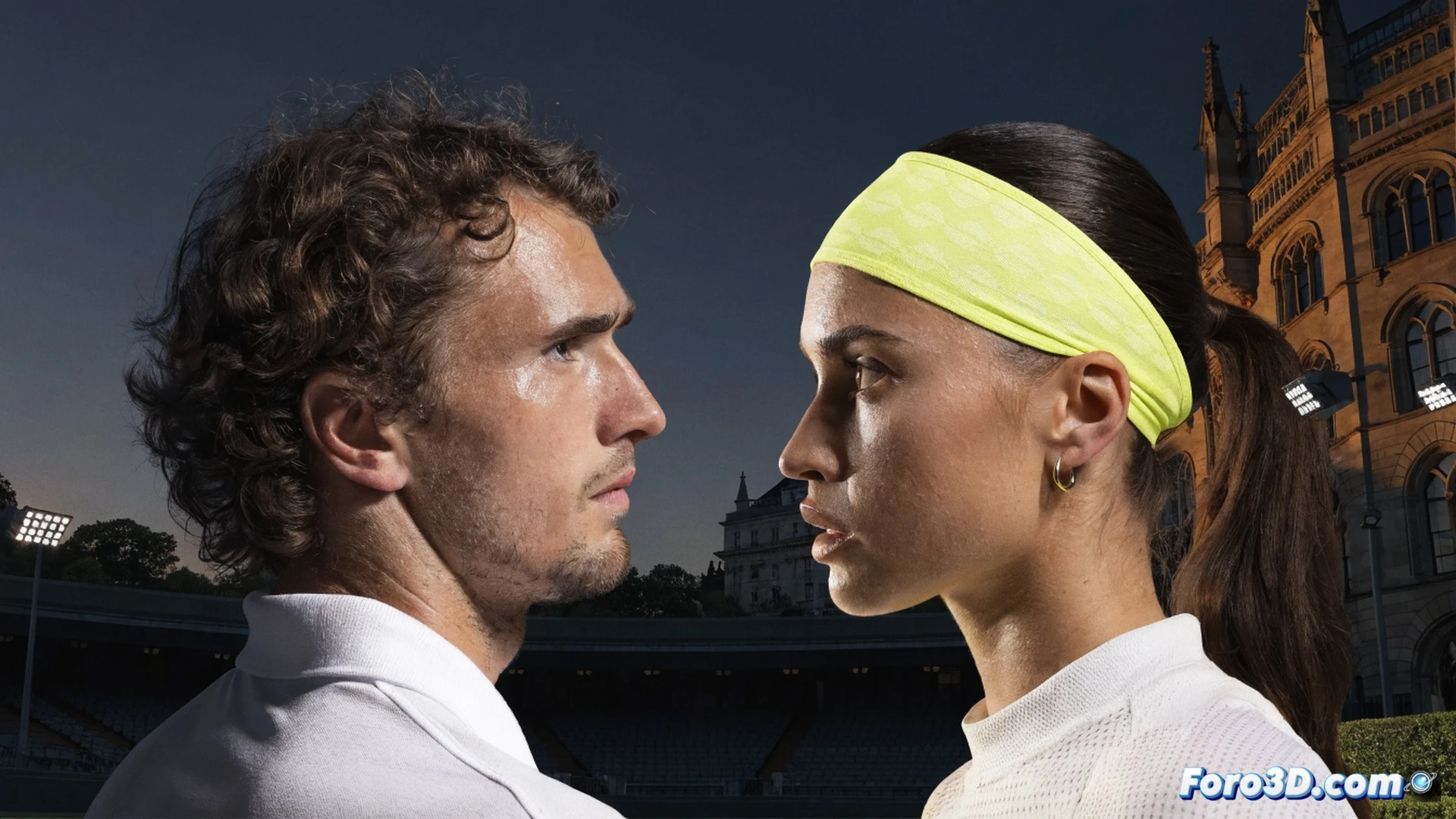Tenis profesional en hierba, Alexander Zverev ejecutando un potente saque con efecto liftado, la pelota deformándose contra la raqueta durante el impacto, gotas de sudor visibles, Mirra Andreeva preparándose para recibir en postura atlética, marcador digital mostrando estadísticas de velocidad del saque y porcentaje de puntos ganados, rayas blancas del césped recién cortado, detalle del encordado de la raqueta, cancha del All England Club al atardecer, luces de estadio encendidas, photorealistic cinematic visualization, acción congelada en el momento del golpe, profundidad de campo limitada, iluminación dramática dorada.