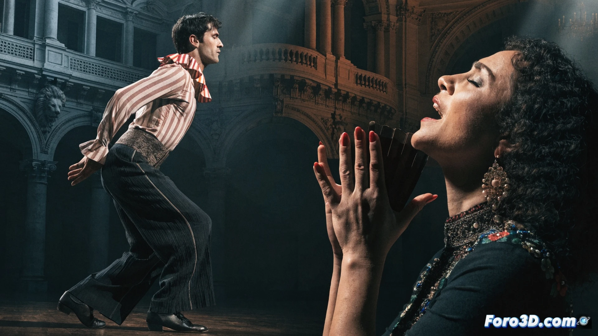 Flamenco dancer with sweeping red dress mid-twirl on a grand stage, castanets clicking, while a guitarist’s fingers press steel strings under stage lights, theatre box seats and ornate gold balconies visible, stage floor showing polished wood grain, technical lighting rigs with spotbeams cutting through haze, cinematic photorealistic render, dramatic chiaroscuro, motion blur on dress hem, guitar fretboard detail, warm amber and deep crimson palette, ultra-detailed architectural ornamentation