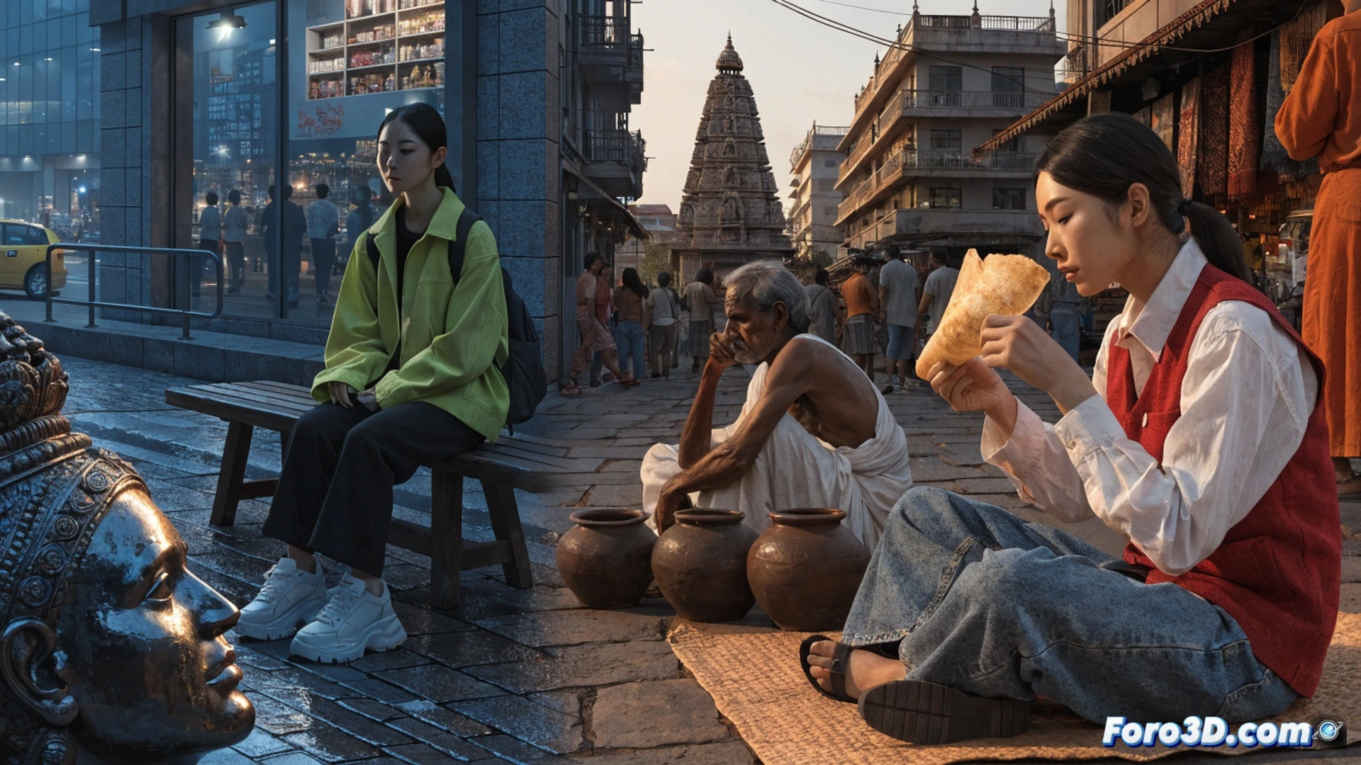 young Korean woman holding a smartphone while learning to fold a dosa crepe on a hot tawa pan, Tamil script flashcards scattered on a wooden market table, fresh vegetables and spice piles in background, Chennai street vendor stall with steel cups and banana leaves, cinematic documentary style, warm golden hour sunlight filtering through fabric canopy, steam rising from cooking surface, her hand gesturing in mid-conversation with an Indian vendor smiling, photorealistic street photography aesthetic, shallow depth of field, cultural immersion moment, 8K detail