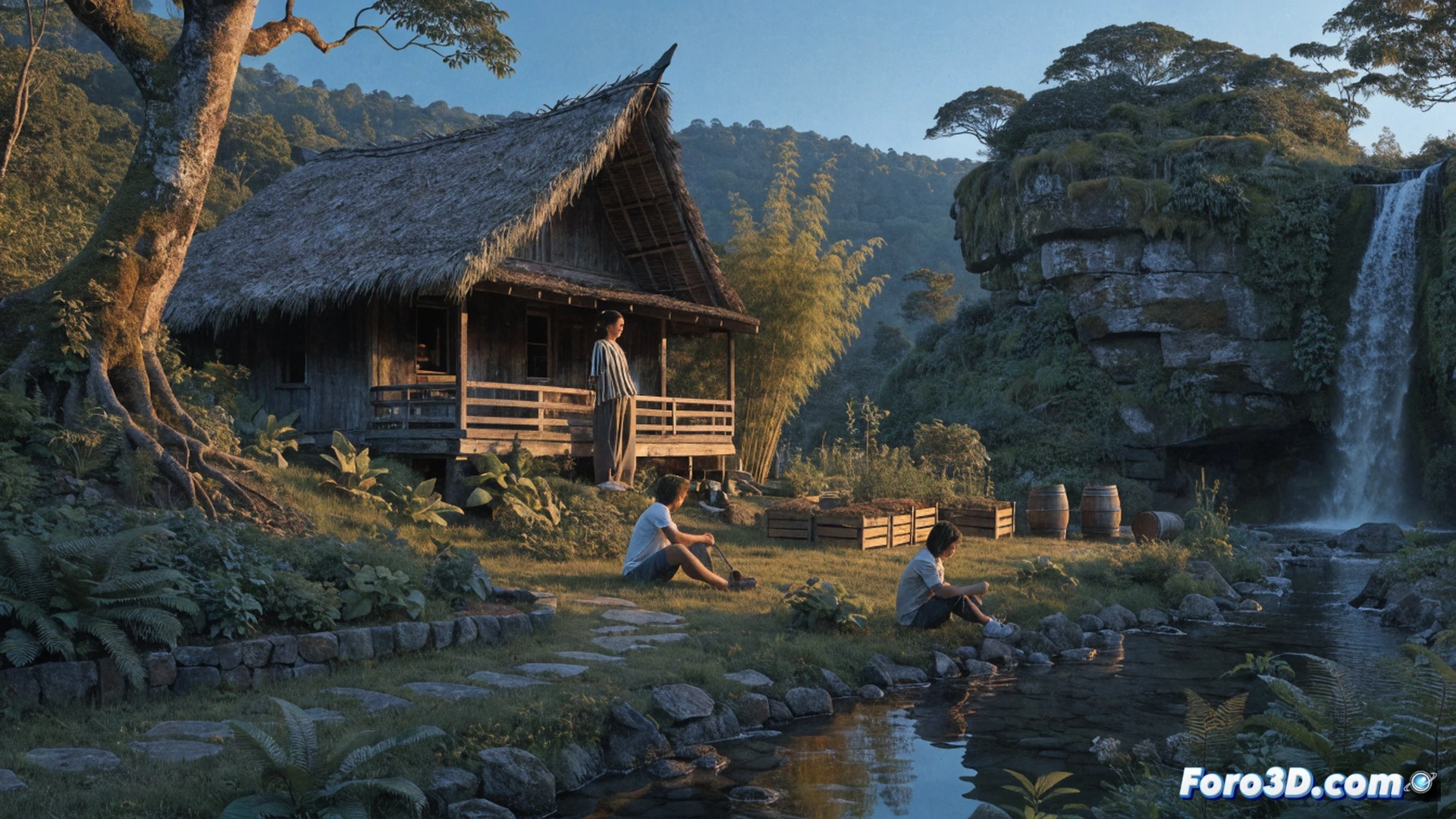 A traditional Javanese wooden house being restored by a family, surrounded by a regenerative farm with terraced vegetable beds and composting systems. A parent and child planting seedlings in rich soil while chickens roam freely. The house features intricate carved panels and a thatched roof, with solar panels visible on a nearby shed. No luxury villas or swimming pools. The background shows intact jungle and a small river. Cinematic photorealistic style, golden hour lighting, soft shadows, natural green tones, demonstrating sustainable living and hands-on farming action, ultra-detailed textures of wood and leaves, peaceful yet productive atmosphere.