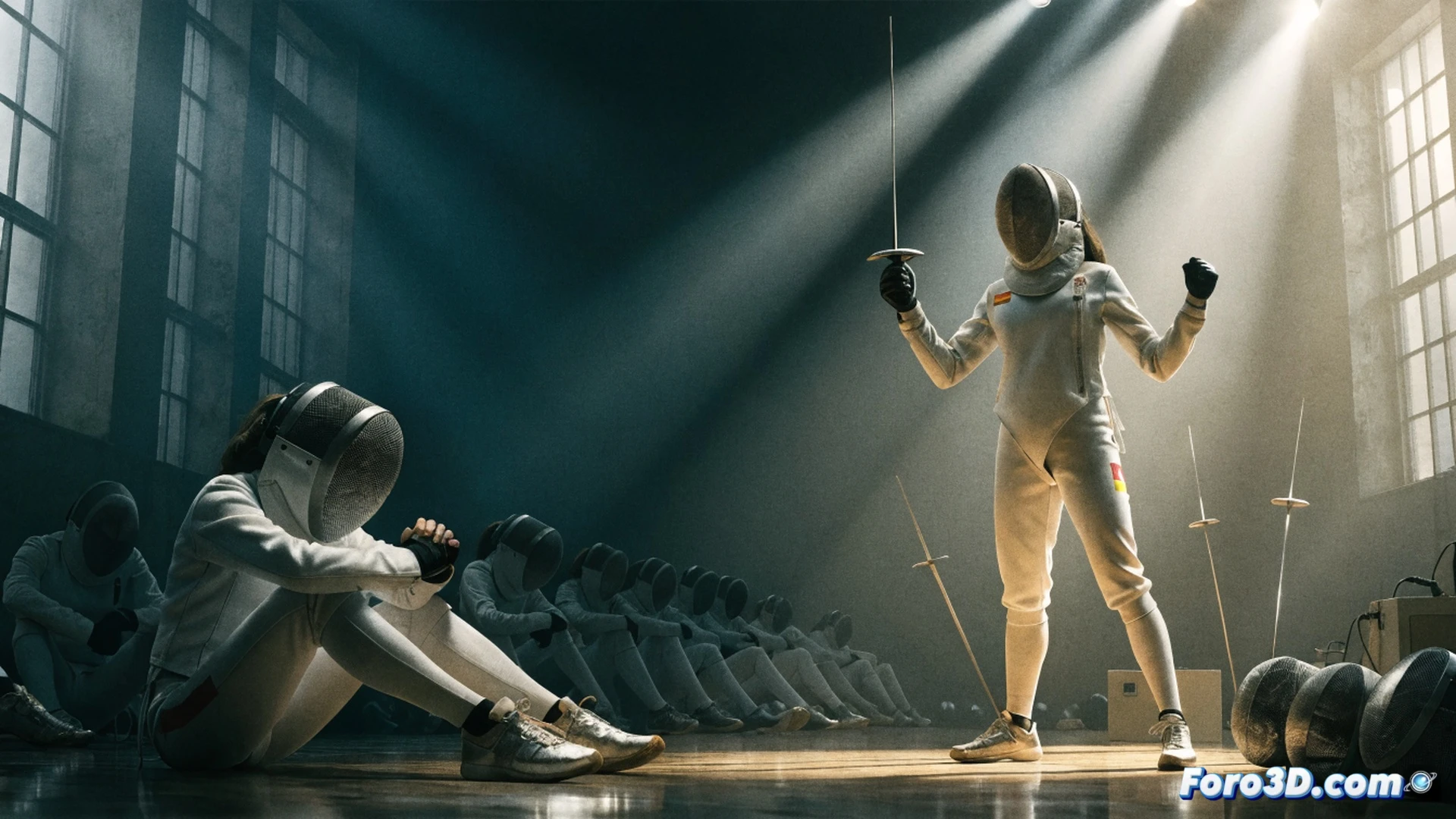 Fencing duel scene showing Lucía Martín-Portugués in full white protective gear and mask, lunging forward with an epee during a decisive attack, her opponent’s blade parried to the side, sweat droplets frozen mid-air, metallic clashing sparks at the blades’ contact point, dramatic arena spotlight casting long shadows, photorealistic sports photography style, intense motion blur on the background audience, high-contrast lighting emphasizing the golden medal hanging from her neck, ultra-detailed fabric folds and mesh mask texture, cinematic action freeze-frame, triumphant posture demonstrating years of dedication