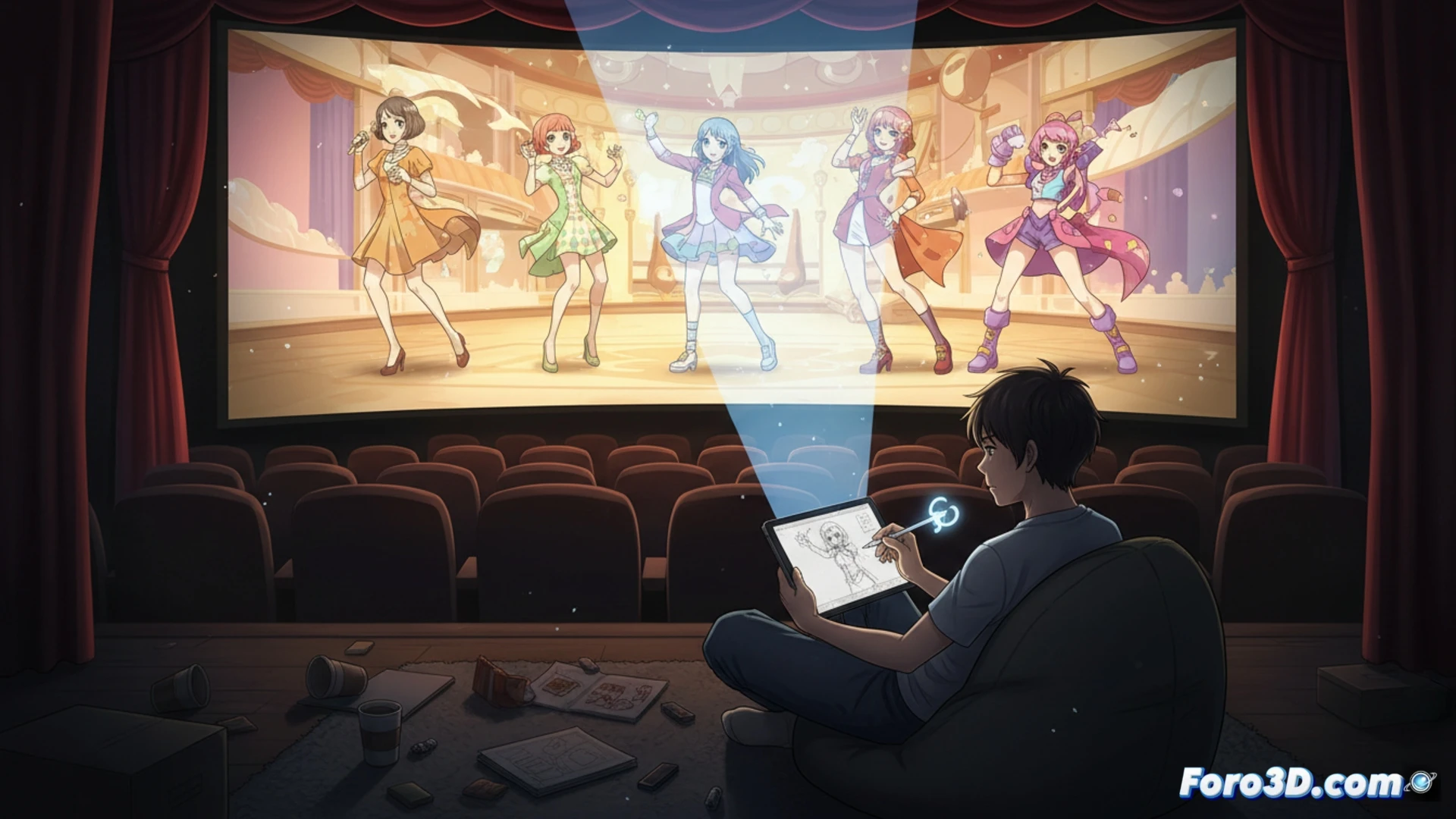 Japanese animator Ryuya Suzuki drawing on iPad Pro with Apple Pencil, hand moving across screen showing character animation process, timeline interface with keyframes visible on tablet display, desk cluttered with animation reference sheets and storyboard panels, warm desk lamp illuminating the workspace, cinematic documentary style, photorealistic indoor lighting, shallow depth of field focusing on iPad screen and artist hand, demonstrating accessible digital animation tools in action