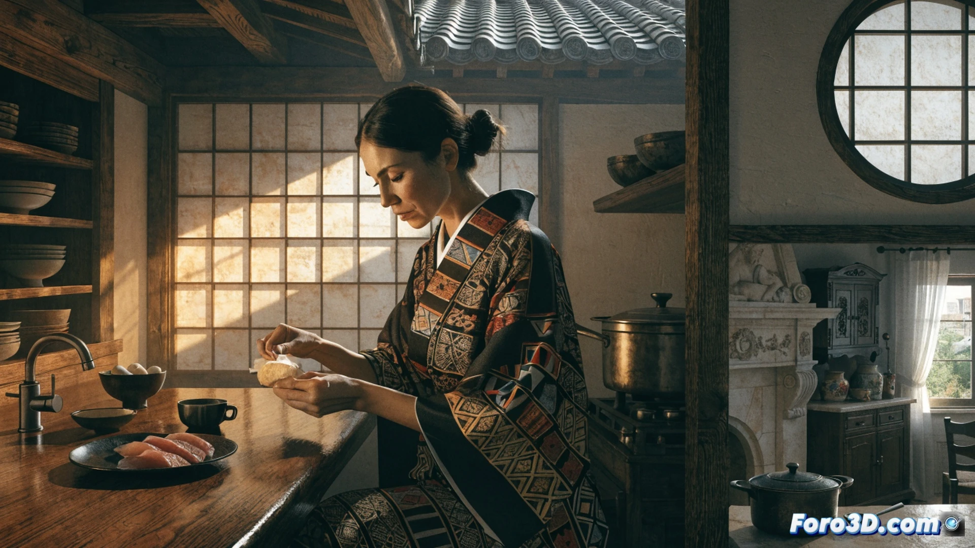 Japanese woman in late 30s standing on a Shinkansen platform in Tokyo, holding a small ceramic bowl of Spanish paella, steam rising while cherry blossom petals fall, contrasting traditional wooden geta sandals with modern train interior, emotional expression of nostalgia mixed with contentment, cinematic photorealistic style, golden hour sunlight streaming through station glass roof, reflection of bullet train on polished floor, subtle cultural fusion details like a Spanish fan tucked into her kimono sleeve, ultra-detailed textures on ceramic bowl and train metal surfaces, warm amber and cool blue color contrast, motion blur from passing train in background, technical precision in lighting and shadow rendering