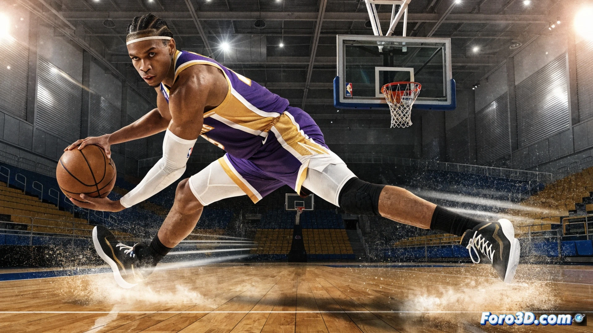 NBA basketball player De'Aaron Fox mid-stride on a glossy hardwood court, performing a sudden stop-and-go crossover dribble, motion blur on his sneakers and jersey, kinetic energy lines tracing his acceleration vector, defensive player off-balance in background, 3D wireframe overlay showing torque in his legs and hip rotation, biomechanical data points floating near his knees, stadium lights creating dramatic shadows, photorealistic technical illustration, cinematic sport science visualization