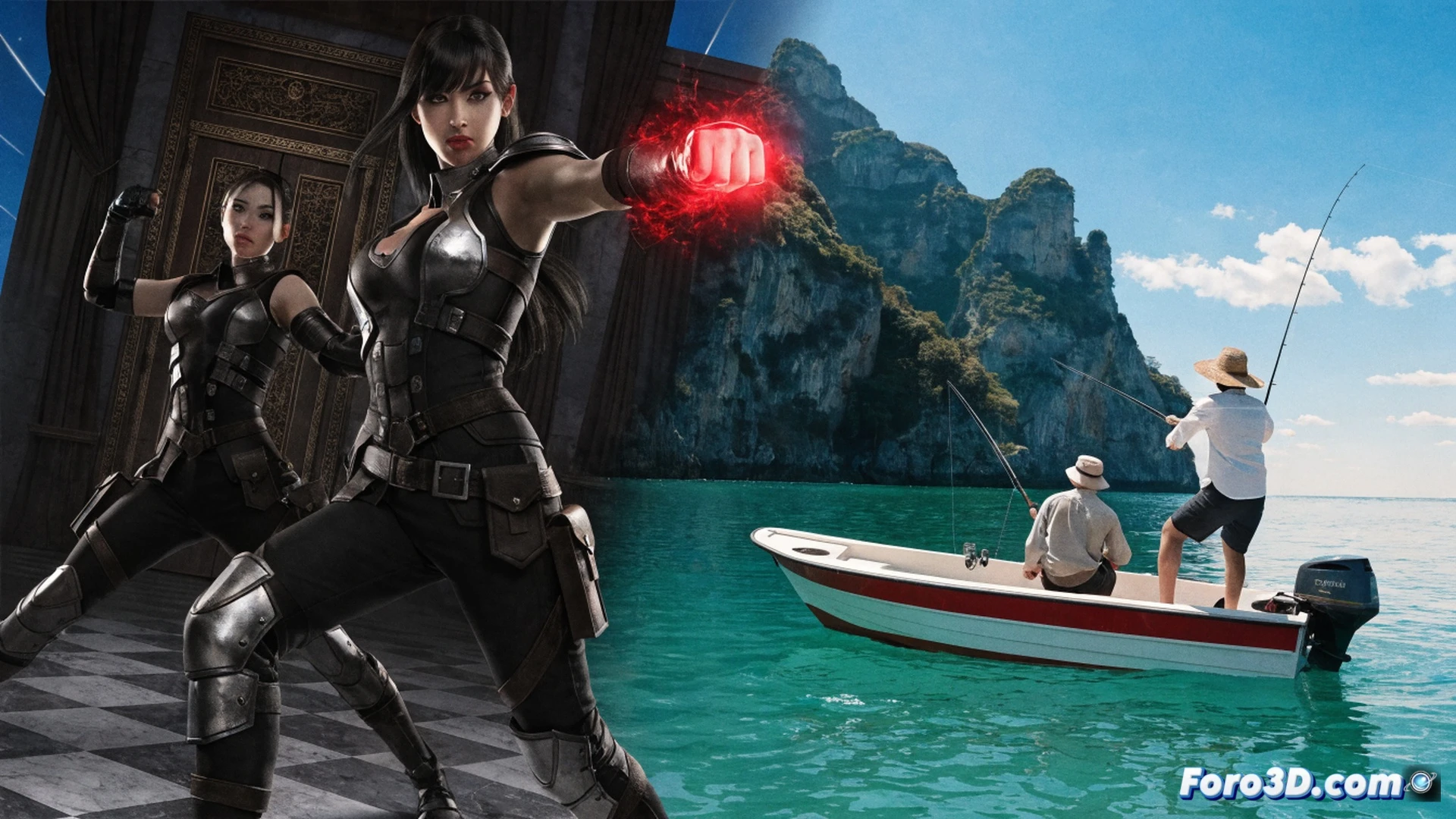 dead or alive 6 last round fighting game combat scene, two martial artists mid-air kick exchange on a tropical beach stage at sunset, character models showing detailed muscle definition and sweat textures, dynamic motion blur on fists and feet, particle effects from impact sparks, technical illustration style, cinematic volumetric lighting through palm trees, metallic sheen on character accessories, realistic skin shaders, high-contrast shadows, slow-motion action freeze frame, ultra-detailed polygon meshes visible, photorealistic fighting game render