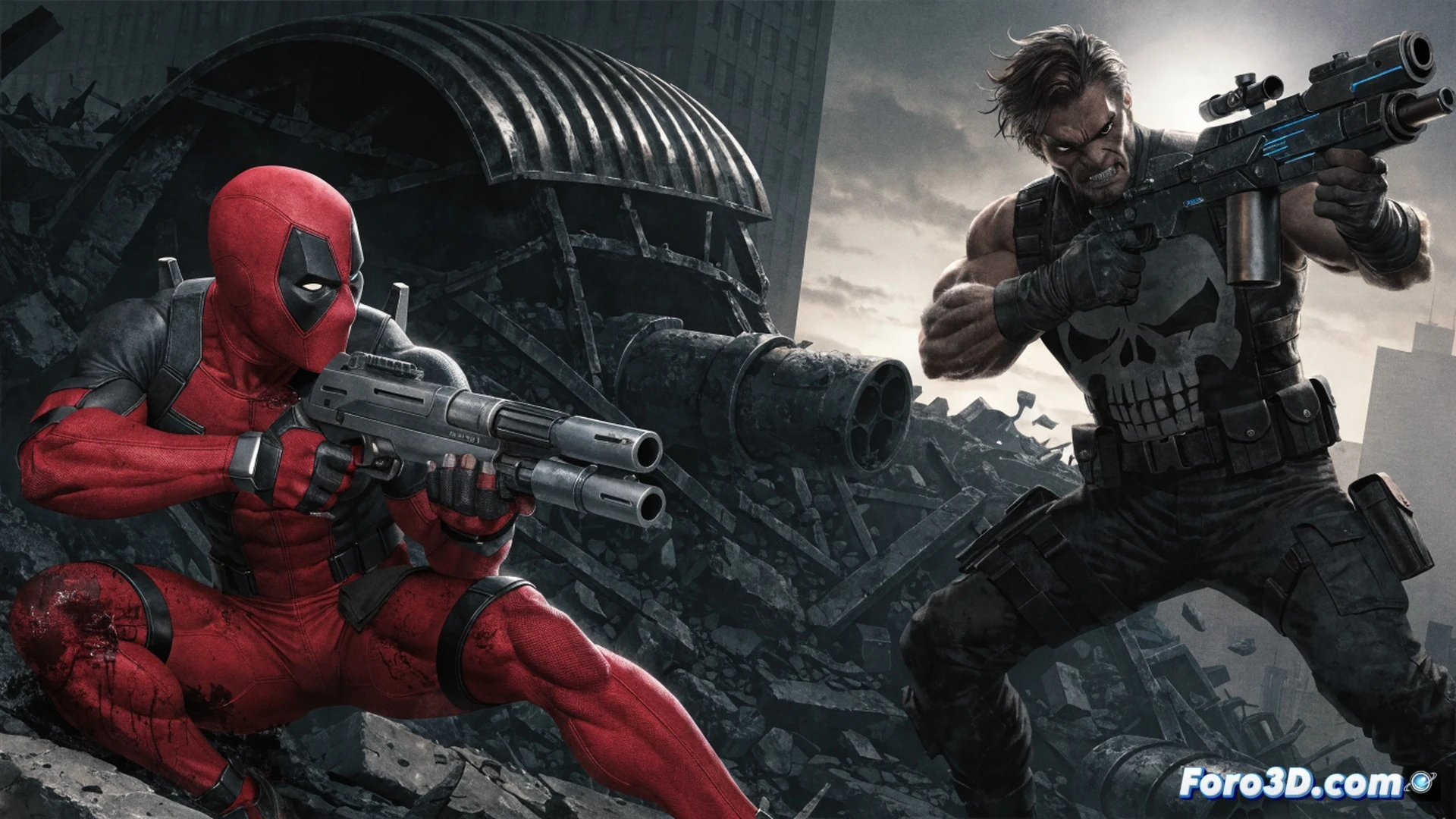 Deadpool y Punisher enfrentándose en un almacén industrial abandonado, Deadpool disparando dos pistolas mientras esquiva una ráfaga de una ametralladora pesada montada por Punisher, casquillos volando, humo de pólvora, engranajes oxidados y vigas metálicas de fondo, ilustración técnica cinematográfica, iluminación dramática con focos de neón rojo y azul, movimiento congelado con líneas de velocidad, texturas de metal desgastado y cemento agrietado, render fotorrealista estilo cómic de alta definición