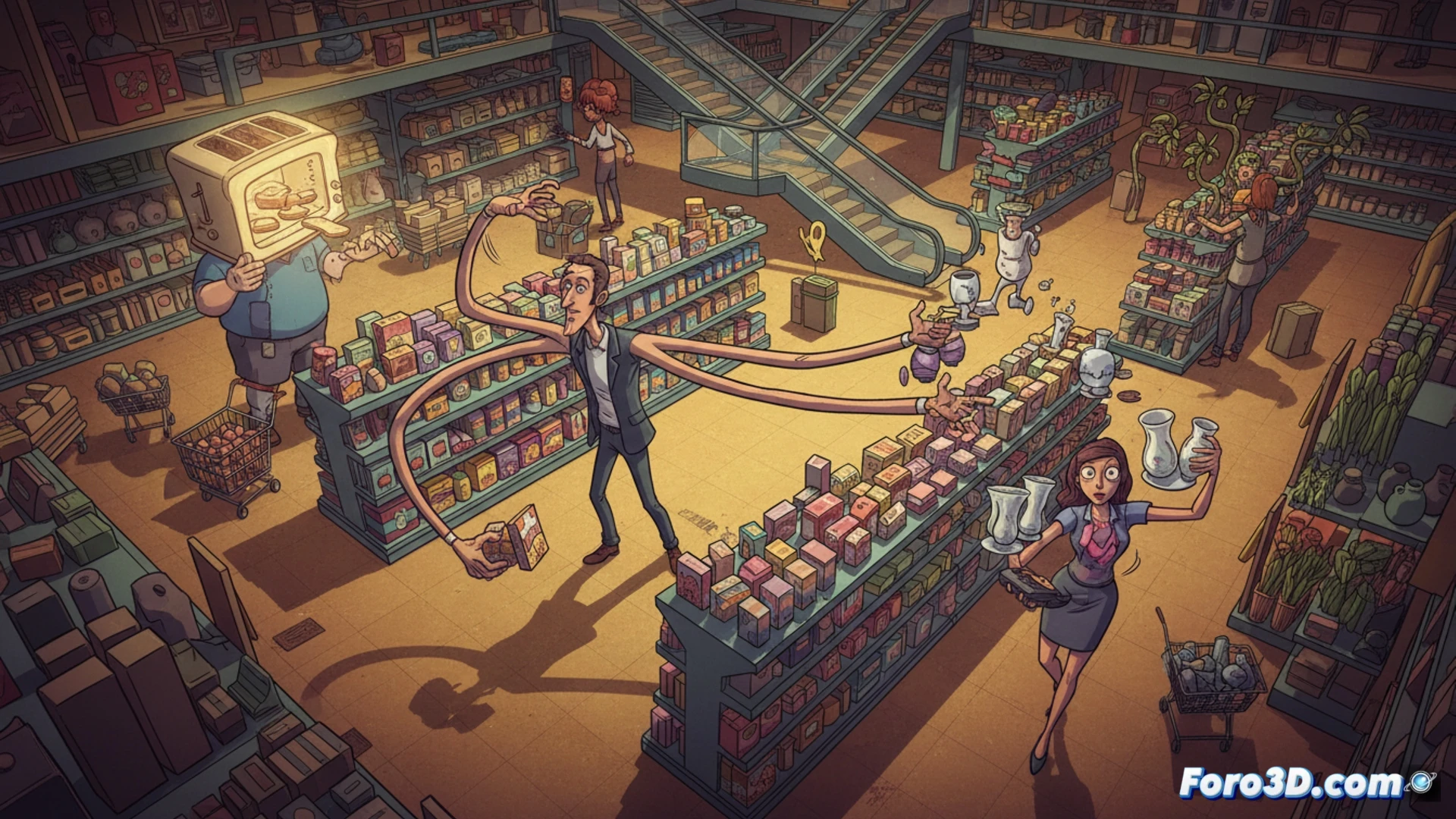 surrealist retail store scene, employee using a high-powered industrial laser cutter to slice a single receipt into perfect confetti, another coworker calibrating a precision torque wrench to tighten a loose lightbulb, third employee performing an MRI scan on a shopping cart wheel, chaotic office supplies scattered, exaggerated facial expressions of absurd focus, cinematic animation style, vibrant neon lighting contrasting with dull retail shelves, dynamic action poses, ultra-detailed textures on tools and uniforms, motion blur on falling confetti, photorealistic 3D render