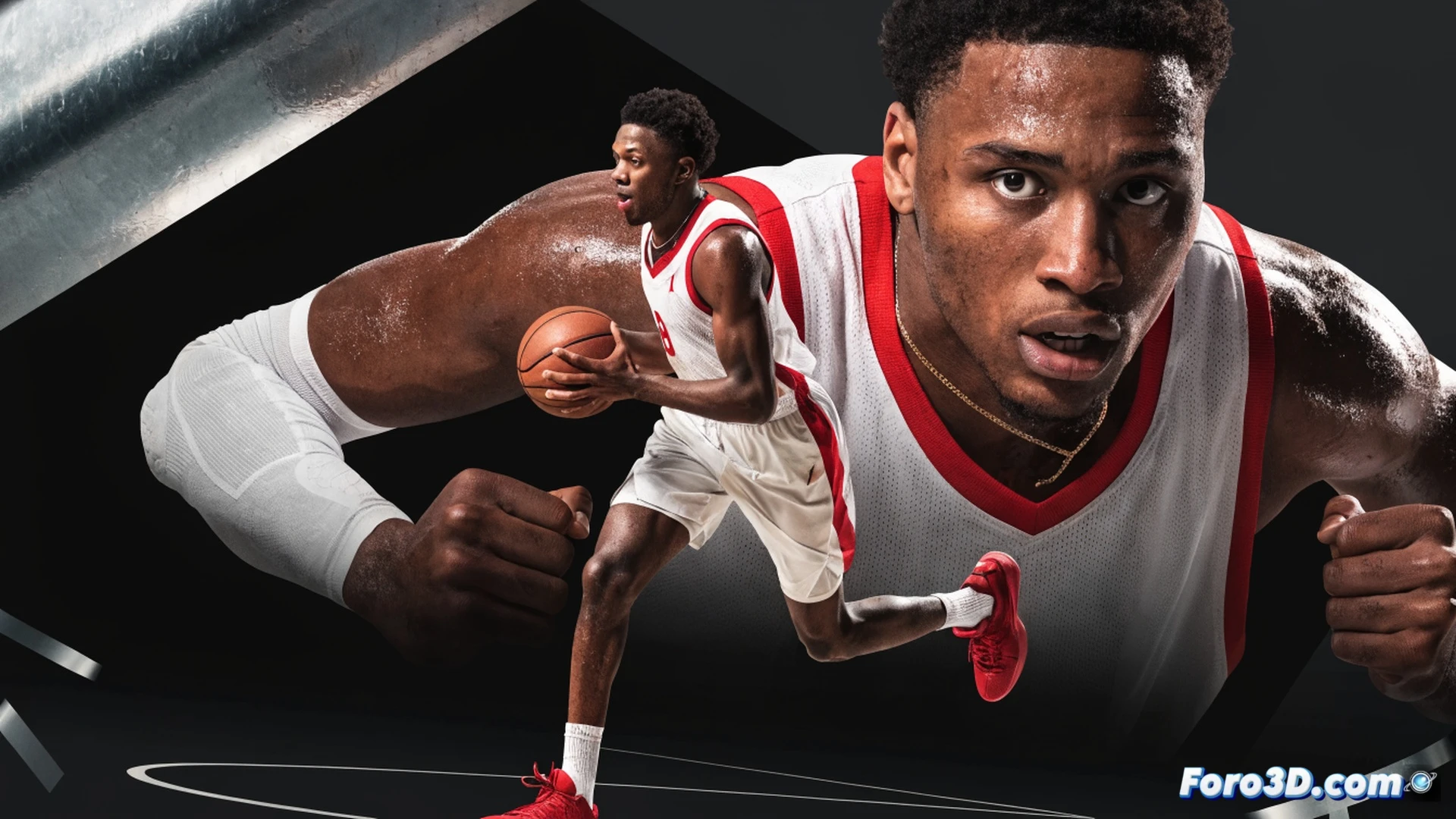 NBA basketball player De’Andre Hunter in a defensive stance on the hardwood, guarding an opposing wing player on the perimeter, both players in motion during a fast break transition, Hunter’s body angled low with arms extended, demonstrating lateral quickness and multi-positional defense, basketball bouncing near his feet, arena lights casting dramatic shadows, photorealistic sports photography style, motion blur on the ball and background players, sweat droplets visible, high contrast lighting emphasizing muscle definition and jersey fabric texture, ultra-detailed court floor reflections
