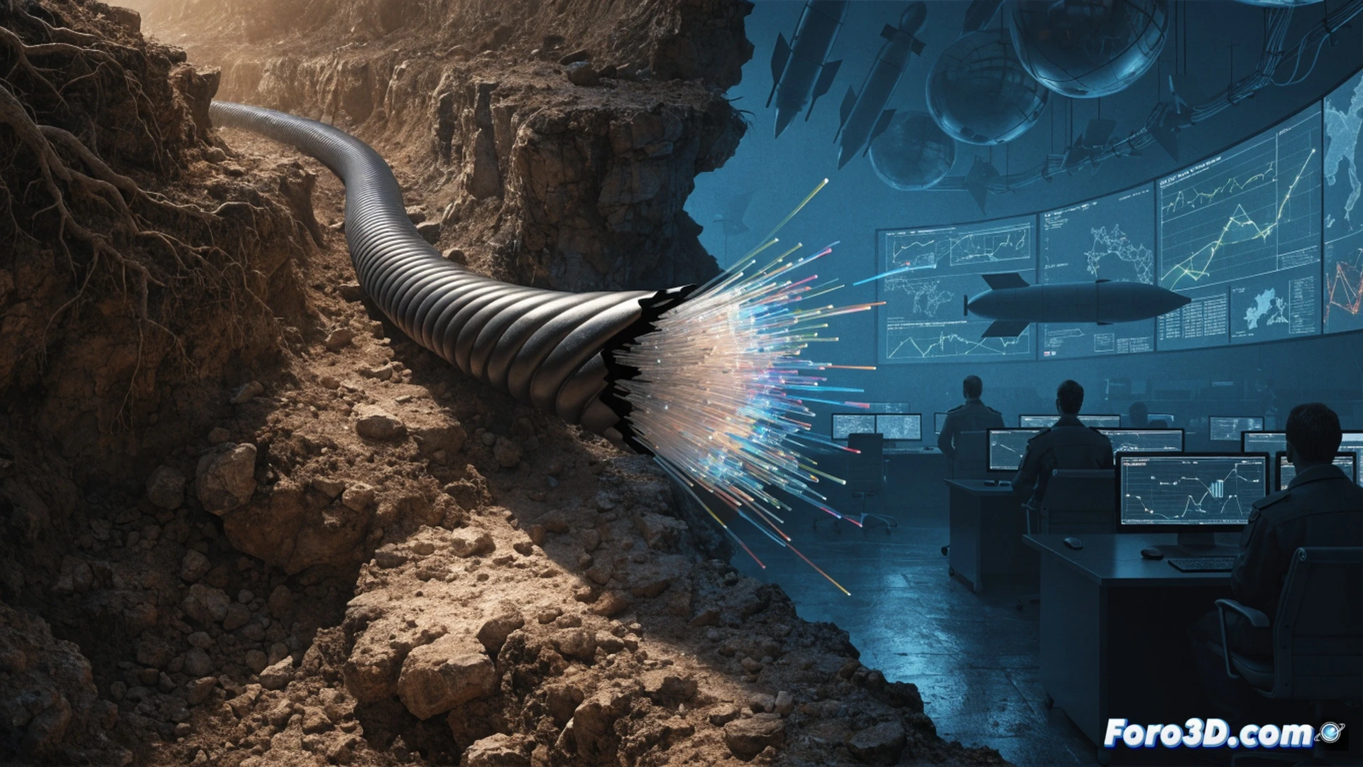 Two fiber optic cables being physically cut by a massive pair of rusty scissors labeled with geopolitical flags, while a civilian smartphone shows a spinning loading icon, a soldier negotiates over a radio next to stacked missile crates, photorealistic technical illustration, dramatic chiaroscuro lighting, cracked digital screens displaying error messages, concrete bunker setting, dust particles floating, high-contrast cinematic render