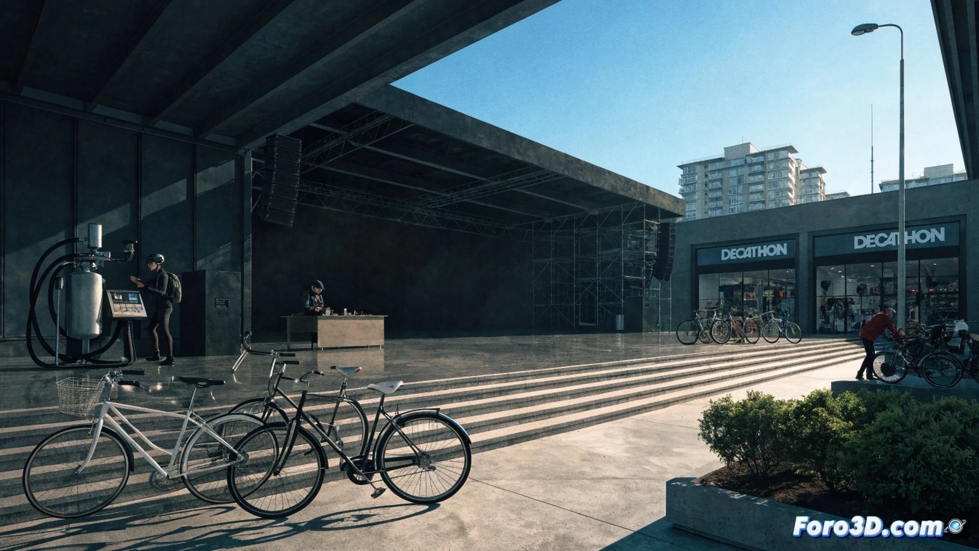 Puesto de reacondicionamiento de bicicletas en festival al aire libre, técnico ajustando frenos de disco con llave Allen mientras bicicleta montañosa cuelga de soporte metálico, fondo con toldos rojos de Decathlon y bicicletas urbanas alineadas, cartel de 80% descuento sin texto visible, herramientas sobre mesa: destornilladores y lubricante, familia observando taller de reparación, luz diurna natural con sombras suaves, estilo photorealistic technical illustration, alta definición mecánica, acción de mantenimiento en proceso, escena vibrante de reciclaje urbano.