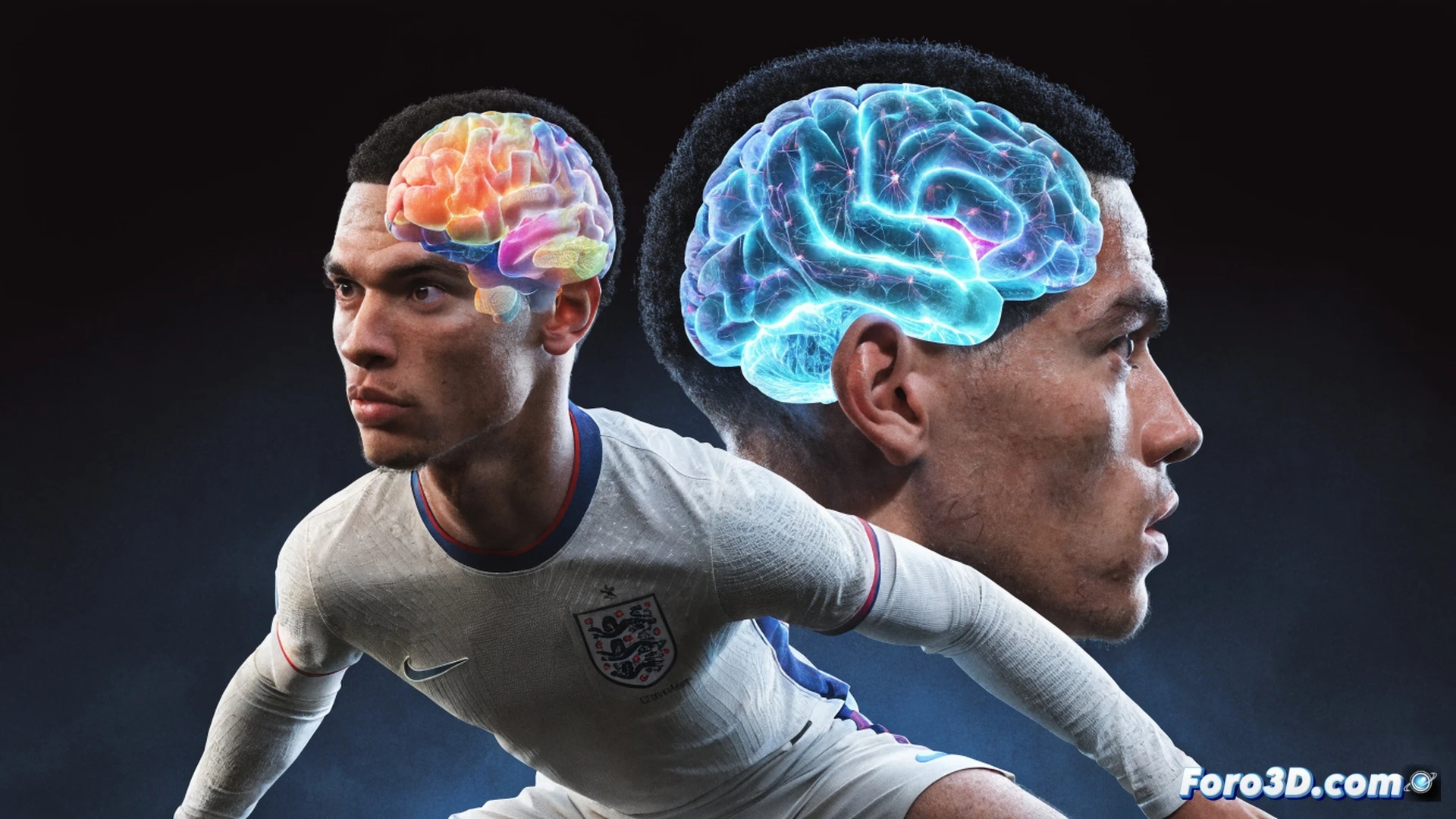 futbolista en un campo de fútbol durante un partido nocturno, mostrando su cuerpo con un cerebro humano visible en la cabeza y otro cerebro brillante en el pecho, conectados por líneas de energía luminosa, mientras sus pies están posicionados exactamente donde un balón está a punto de caer desde el aire, con otros jugadores desenfocados alrededor, estadio lleno de focos, estilo cinematográfico hiperrealista, iluminación dramática de alto contraste, textura de césped detallada, sudor y tensión muscular visibles, representación técnica de predicción de trayectoria, líneas de movimiento futuristas semitransparentes