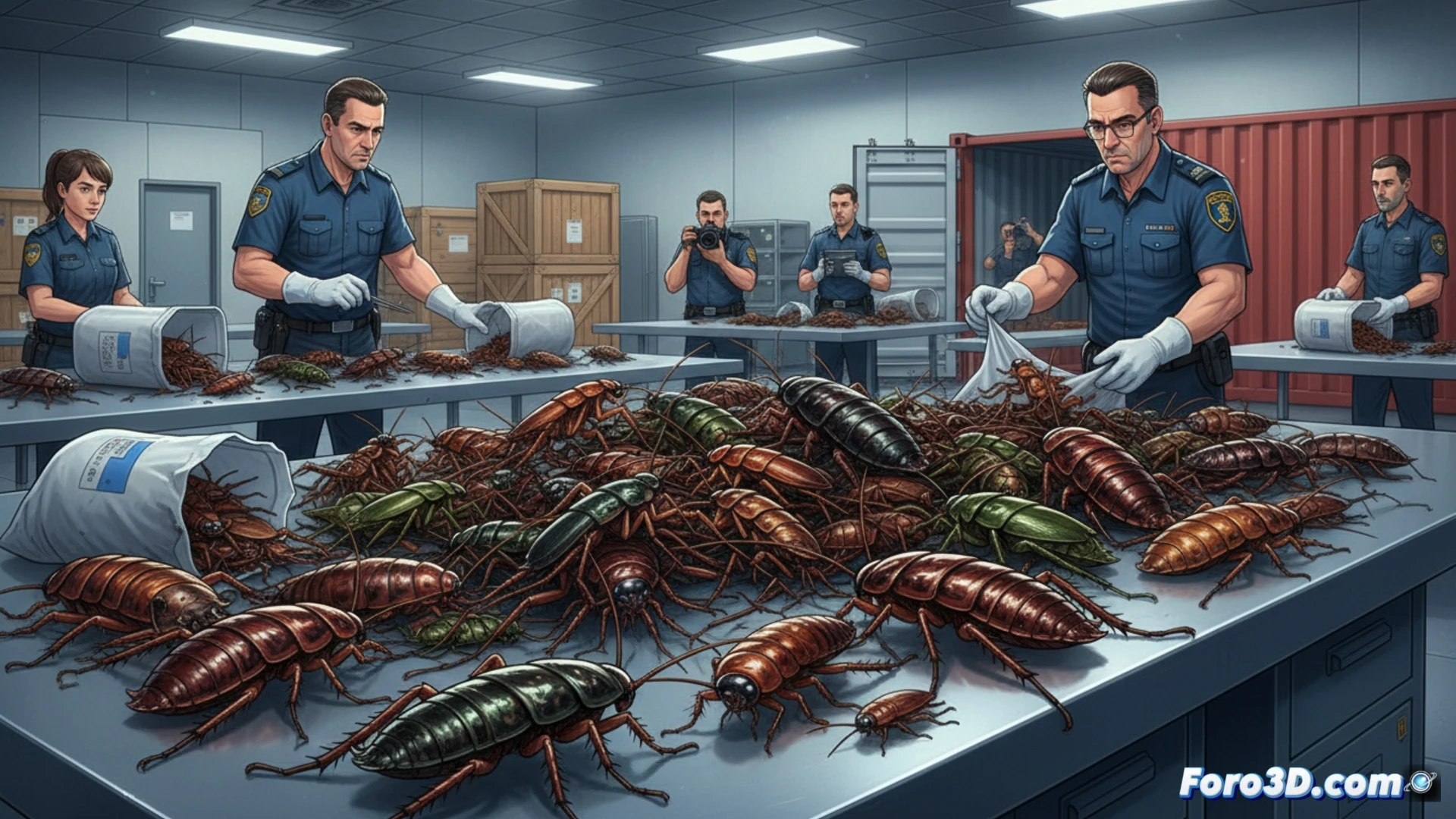 Customs inspectors in protective gear examining a massive transparent container filled with thousands of exotic cockroaches, including Madagascar hissing cockroaches, during a cargo inspection at an Australian airport, forensic evidence markers placed on seized boxes, technical illustration style, bright industrial lighting, detailed insect exoskeletons visible through clear plastic walls, official quarantine tape sealing the crate, sterile white laboratory environment, photorealistic technical visualization, high-resolution macro details of insect legs and antennae pressing against container surface, dramatic shadow play from overhead fluorescent lights