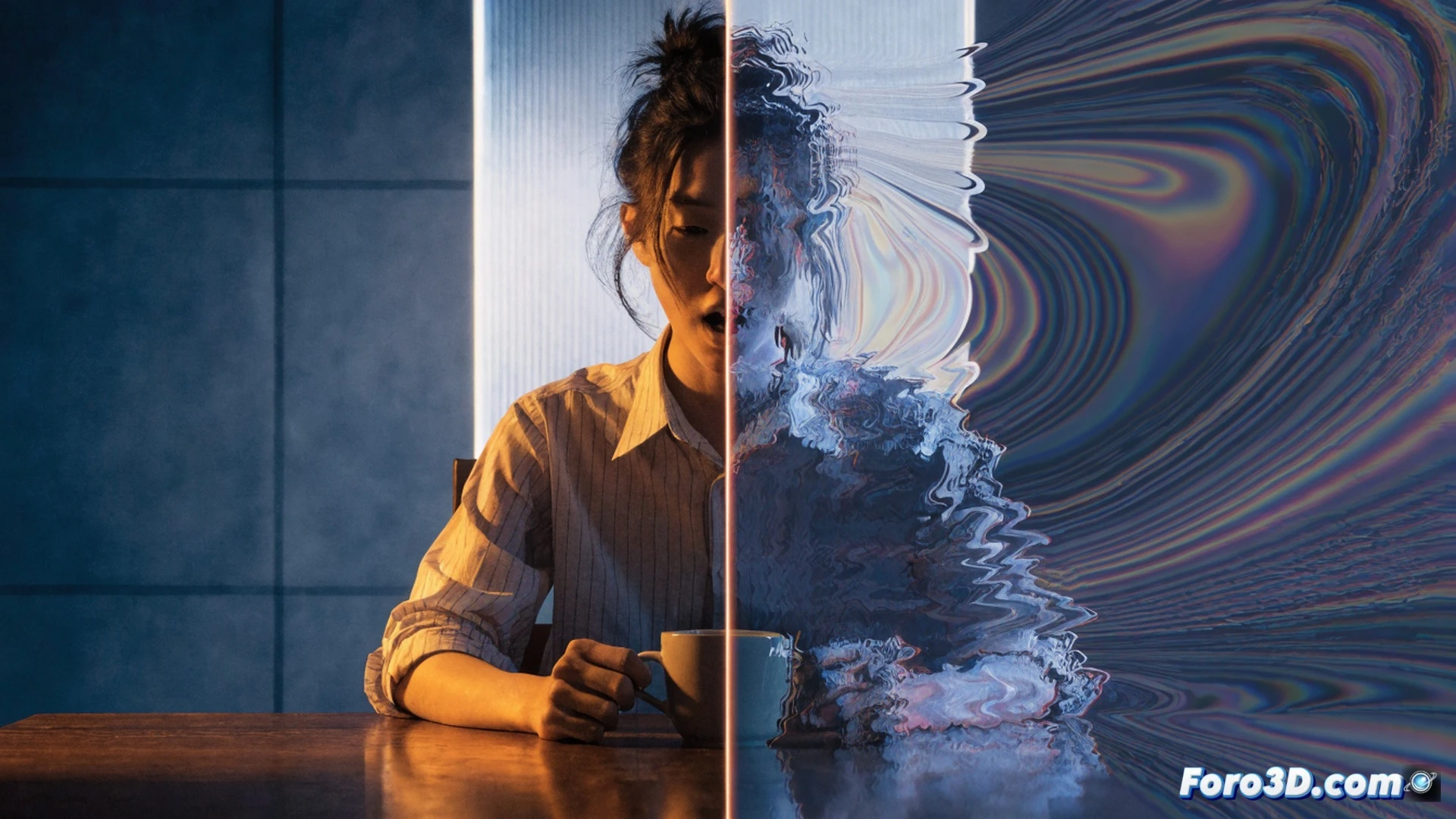photorealistic engineering visualization of a human face being digitally processed, half of the face pixelating into blurred abstract shapes while the other half remains clear and visible, a transparent holographic AI detection interface floating in front with scanning lines crossing the image, software code elements dissolving in mid-air, dramatic split lighting between sharp focus and digital distortion, cinematic dark background with blue and red neon glow, ultra-detailed skin texture contrasting with glitch artifacts, technical illustration style showing the moment of real-time image transformation