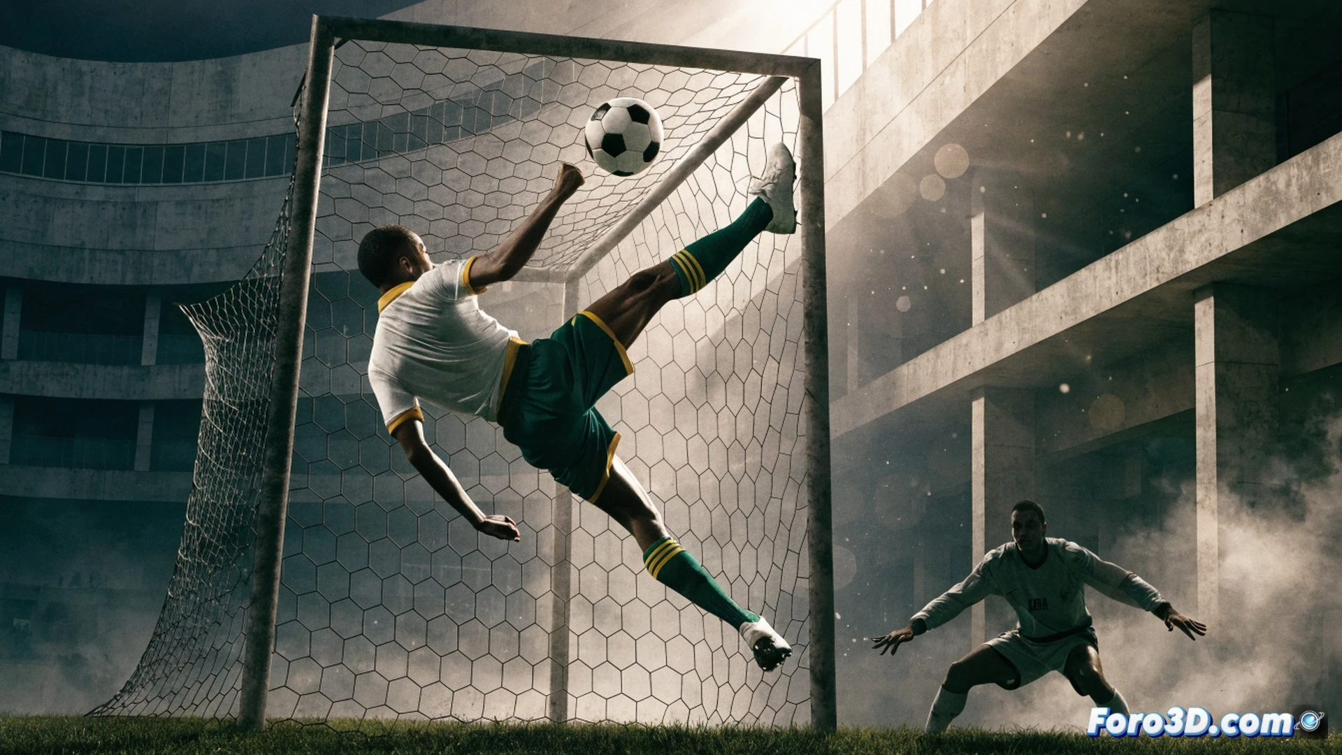 futbolista brasileño en blanco y negro en plena acción de chilena, balón impactando su bota mientras cruza el área de penalti, público de época en gradas difuminadas, modelo Gemini generando líneas de trayectoria y datos de movimiento en tiempo real sobre la jugada, interfaz de Veo 3 mostrando reconstrucción digital con wireframe y texturas superpuestas, ventanas de software de edición de video con líneas de tiempo y fotogramas clave, estilo cinematográfico fotorrealista con iluminación de estadio antiguo, ambiente nostálgico pero técnico, demostrando el proceso de recreación histórica asistida por IA