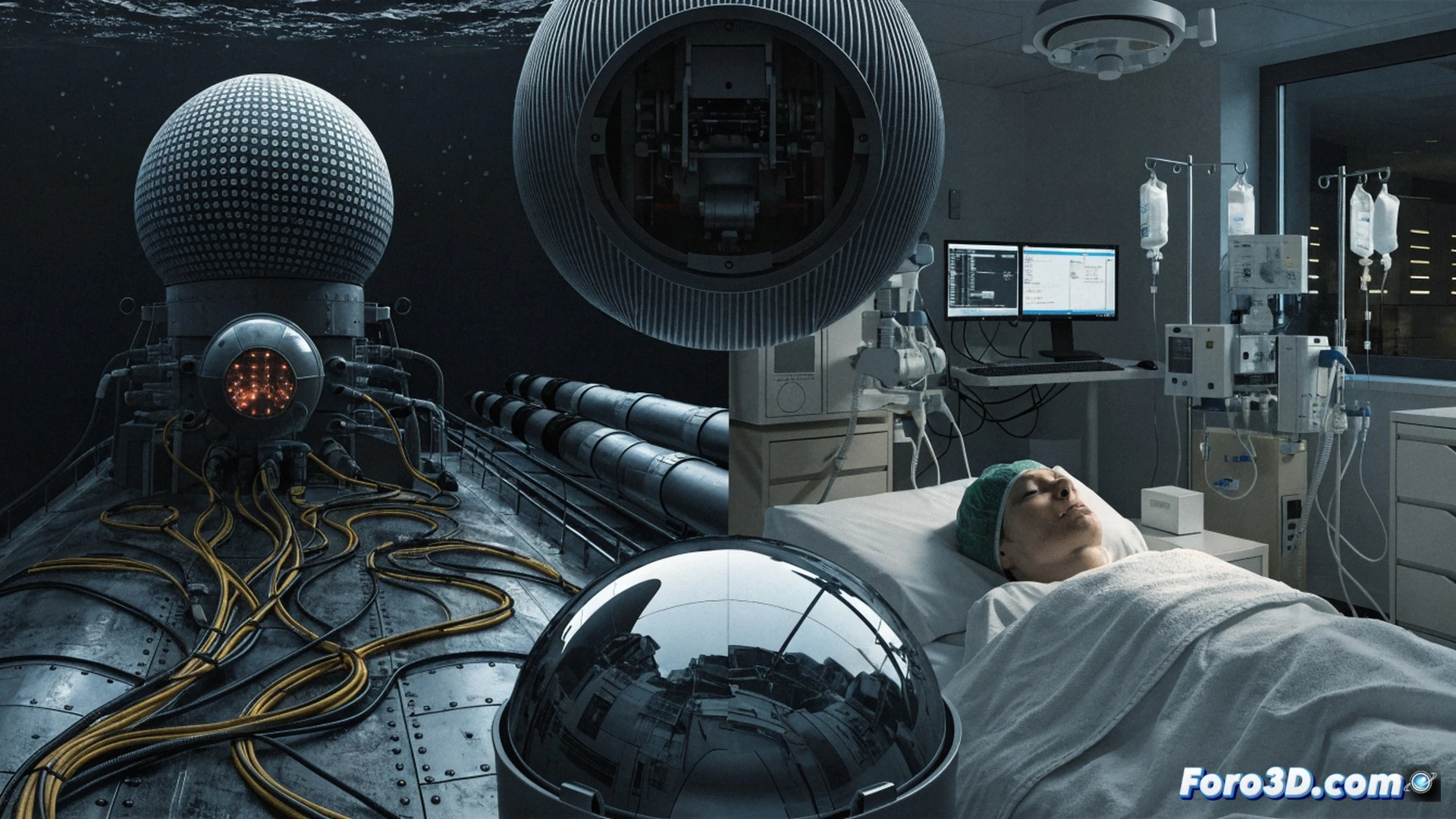 Submarine surveillance cable being cut by a robotic underwater drone, while a hospital ventilator monitor flatlines in the background, split-scene composition, cold blue ocean depths contrasting with sterile white hospital corridor, robotic claw gripping fiber-optic cable with sparks flying, medical equipment wires dangling disconnected, cinematic photorealistic engineering visualization, dramatic chiaroscuro lighting, underwater debris particles floating, crisp medical device details, industrial corrosion textures, ultra-detailed mechanical and electronic components, tension between two contrasting environments