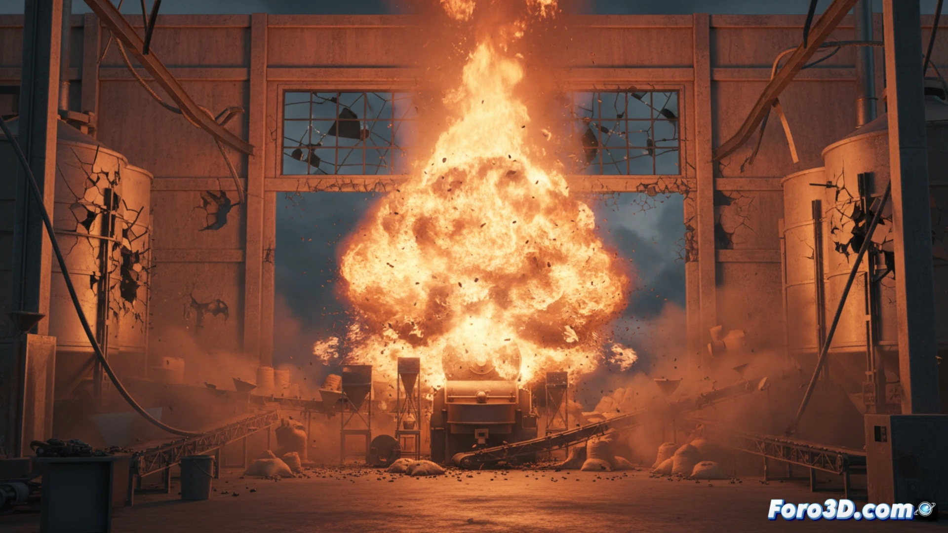 Simulación 3D de explosión de polvo de café en planta industrial, con onda expansiva y daños estructurales.
