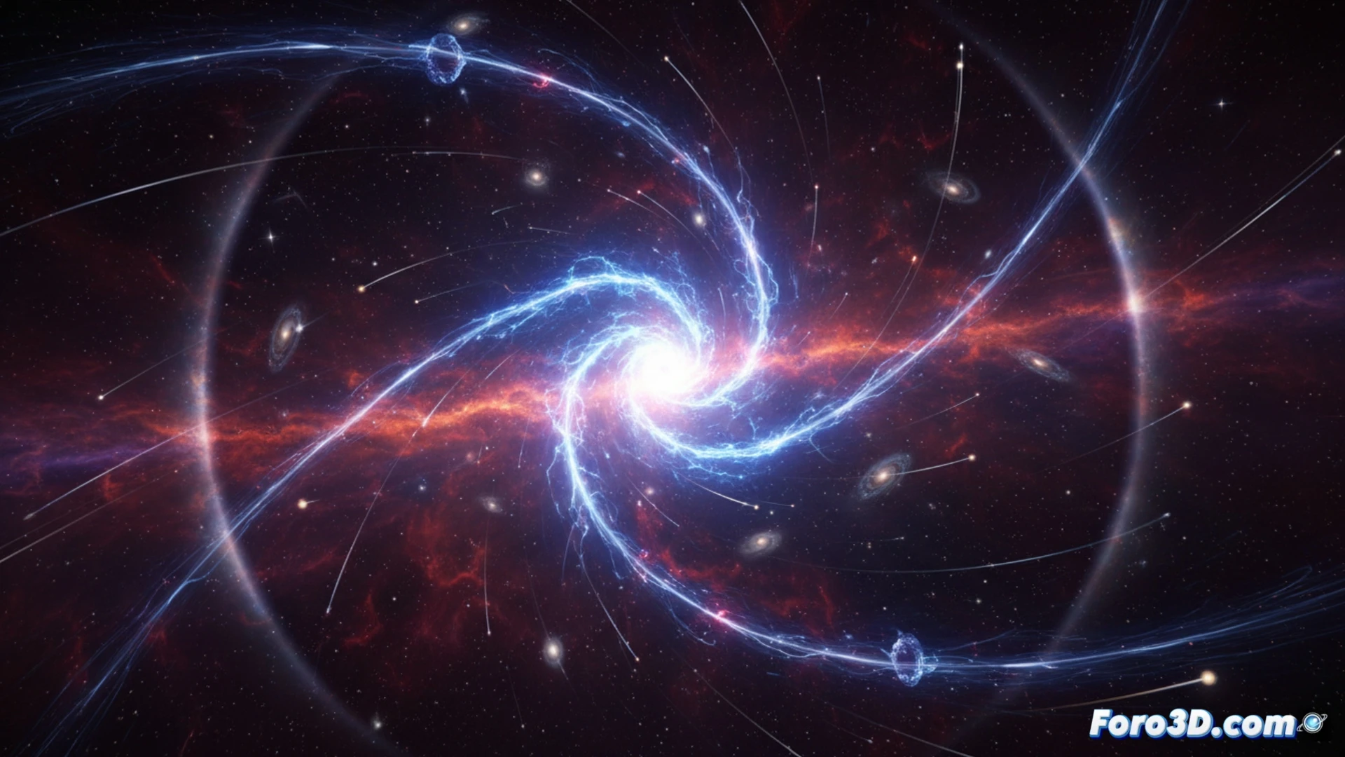 Distorsión del espacio-tiempo mostrando una galaxia espiral deformada por ondas de energía plegadas, un haz de luz curvándose alrededor de una masa gravitacional gigante, partículas subatómicas siendo estiradas en trayectorias helicoidales, diagramas de malla de espacio-tiempo ondulándose como una tela elástica, fondo estelar con lentes gravitacionales distorsionando cúmulos de galaxias, estilo visualización técnica cinematográfica, iluminación cósmica dramática con destellos azules y naranjas, render fotorrealista ultra detallado, texturas de plasma y polvo interestelar, profundidad de campo extrema