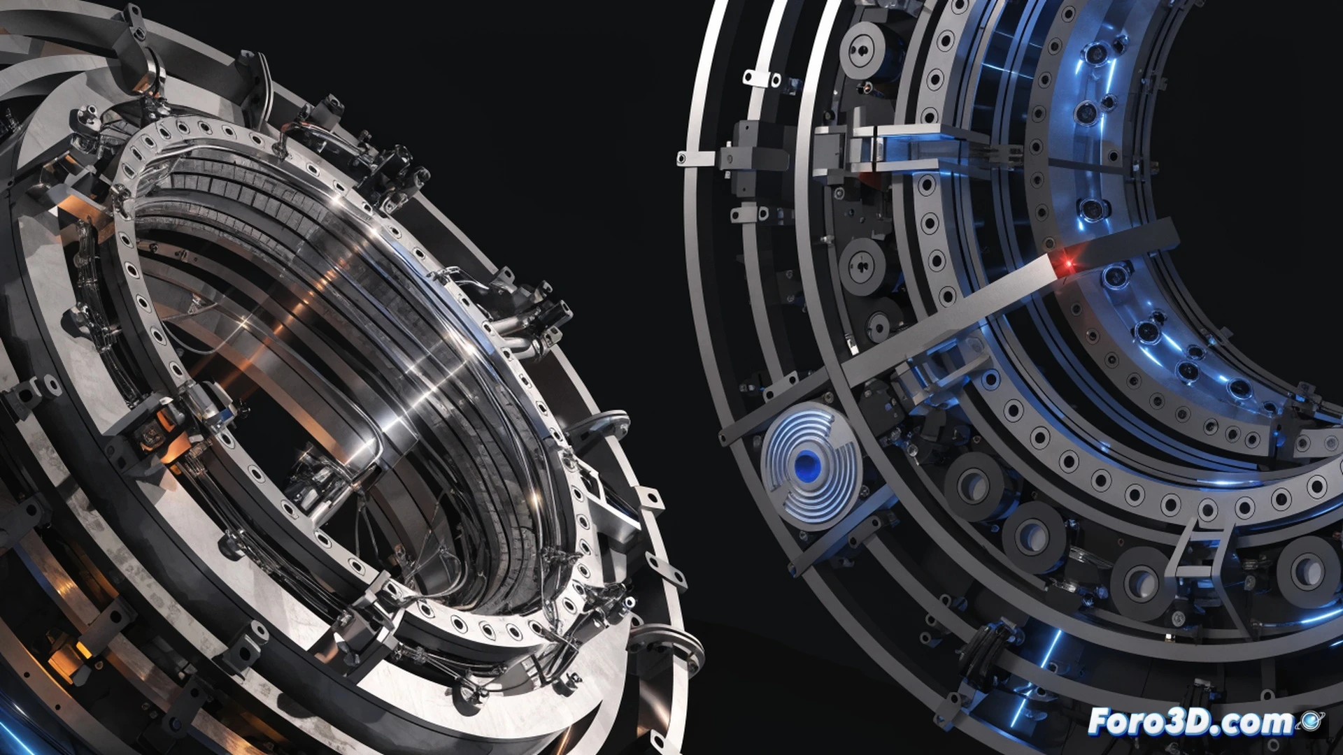 engineering visualization of a synchrotron ring chamber with a critical mechanical deformation, maintenance team inspecting a warped vacuum chamber section, blue laser scanning process using GOM Inspect equipment capturing precise geometry, digital 3D mesh overlay on the physical part, COMSOL Multiphysics simulation running on adjacent monitors showing stress distribution and finite element analysis in real time, metallic surfaces with micro-cracks and misalignment, industrial lighting with cool blue and warm orange tones, photorealistic technical illustration, ultra-detailed mechanical failure, dramatic shadows highlighting the deformed ring