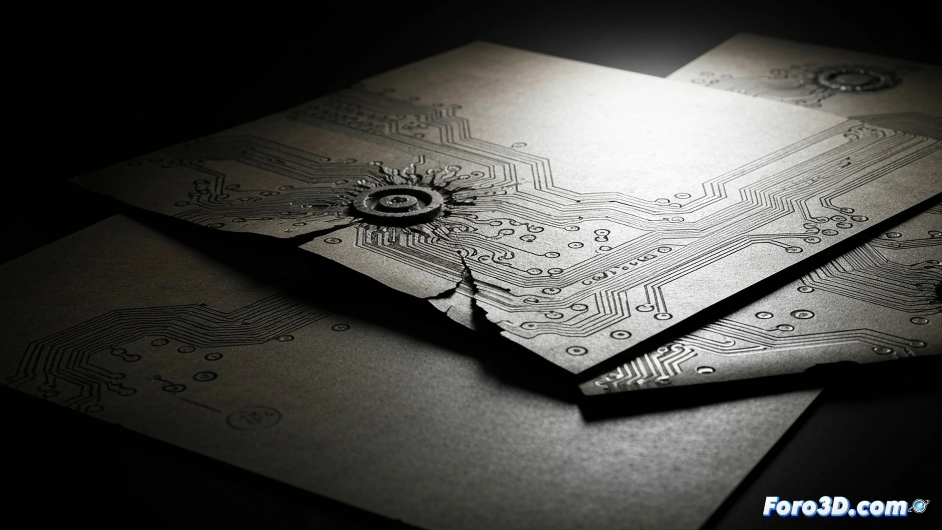 close-up macro shot of paper circuit delaminating under humidity exposure, copper traces cracking and peeling away from cellulose fibers, moisture droplets condensing on conductive paths while multimeter probes measure increasing resistance, thermal imaging camera showing heat spots along degrading traces, flexible substrate bending and creasing during continuous use test, engineering visualization style, photorealistic technical illustration, harsh laboratory lighting with cool blue tones, extreme detail on fractured conductive particles and corroded contact points, shallow depth of field focusing on degradation process