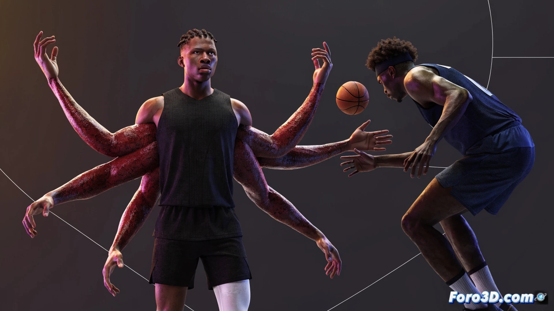 Basketball player with octopus-like extended arms reaching across court, 3D motion capture skeleton showing limb length and joint angles, defensive stance with hands intercepting a glowing basketball mid-pass, translucent wireframe overlay highlighting wingspan exceeding height, biomechanical analysis lines tracing arm trajectory, photorealistic sports science visualization, dark gym background with rim lights, detailed muscle and tendon definition, subtle blue and gold team colors, cinematic action freeze-frame