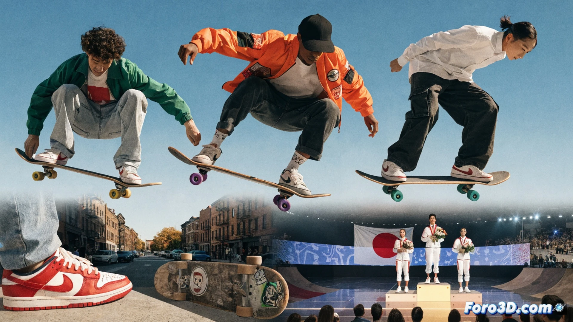 Skateboarder realizando un kickflip sobre una rampa de hormigón en un skatepark urbano al atardecer, tabla elevándose mientras ruedas giran con efecto de movimiento, fondo con gradas de espectadores y skyline de ciudad, luz dorada incidiendo en la superficie rugosa del asfalto y en la lija de la tabla, photorealistic cinematic render, cámara lenta con grano analógico, contraste entre sombras duras y reflejos cálidos, composición dinámica en diagonal, atmosfera de logro deportivo y cultura callejera