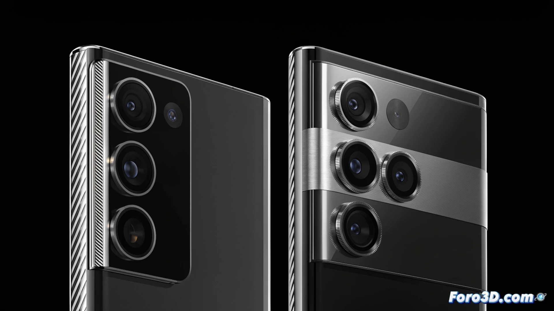 Two smartphone silhouettes on a polished dark surface, left device slightly older with hairline cracks on screen, right device held by a robotic hand with a magnifying lens hovering over its camera module, subtle glowing upgrade paths between them like faint circuit traces, cinematic technical illustration, low-angle dramatic lighting, carbon fiber texture background, precision engineering aesthetic, photorealistic render, depth of field blurring the older model slightly
